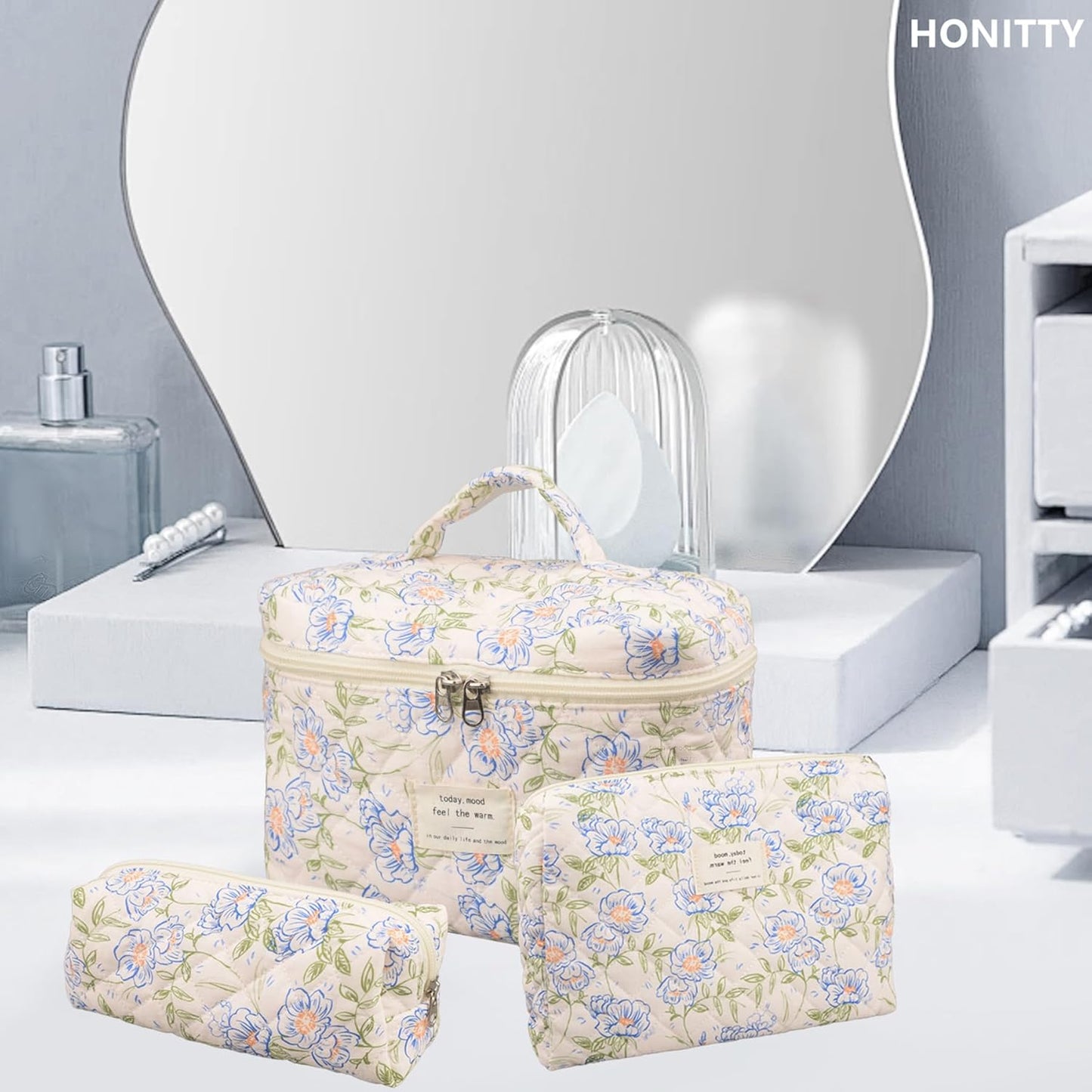 Makeup Bag,Quilted Cosmetic Bags,Large Floral Make Up Organize bag,Makeup Bag Set for Women,Flower Travel Toiletry Bag