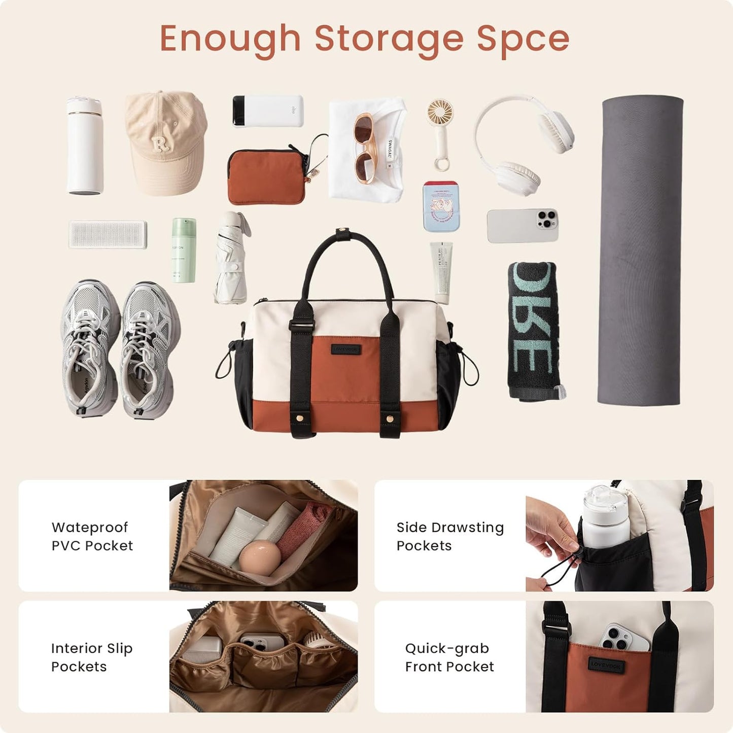 LOVEVOOK Small Gym Bag for Women with Yoga mat Holder, Mini Duffle Bag for Travel with Wet Pocket, Overnight Personal Item Bags (Black-White-Brown, 16.5 inch-Large-2Pcs)