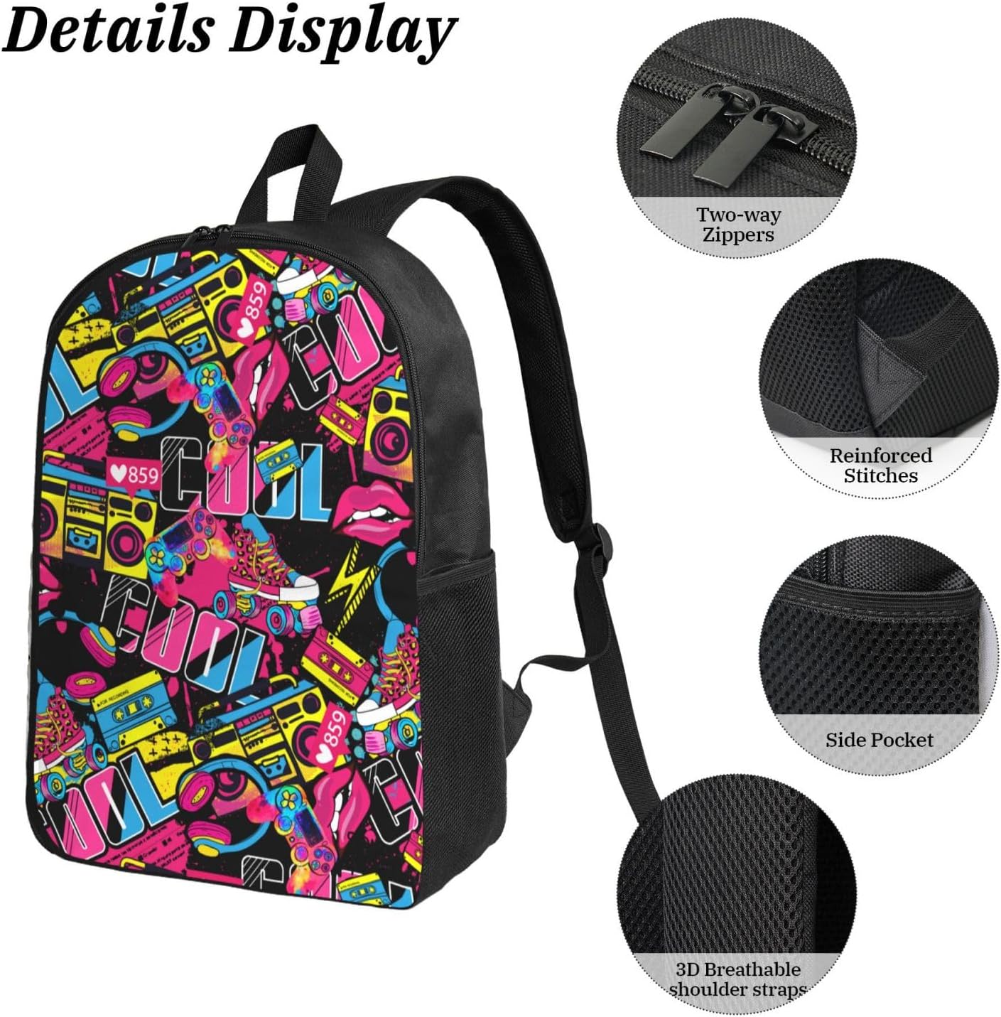 Hip Hop Kid Graffiti Backpack Set with Lunch Bag & Pencil Case Large Capacity School Bag 17 Inch Bookbag for Boy Girl