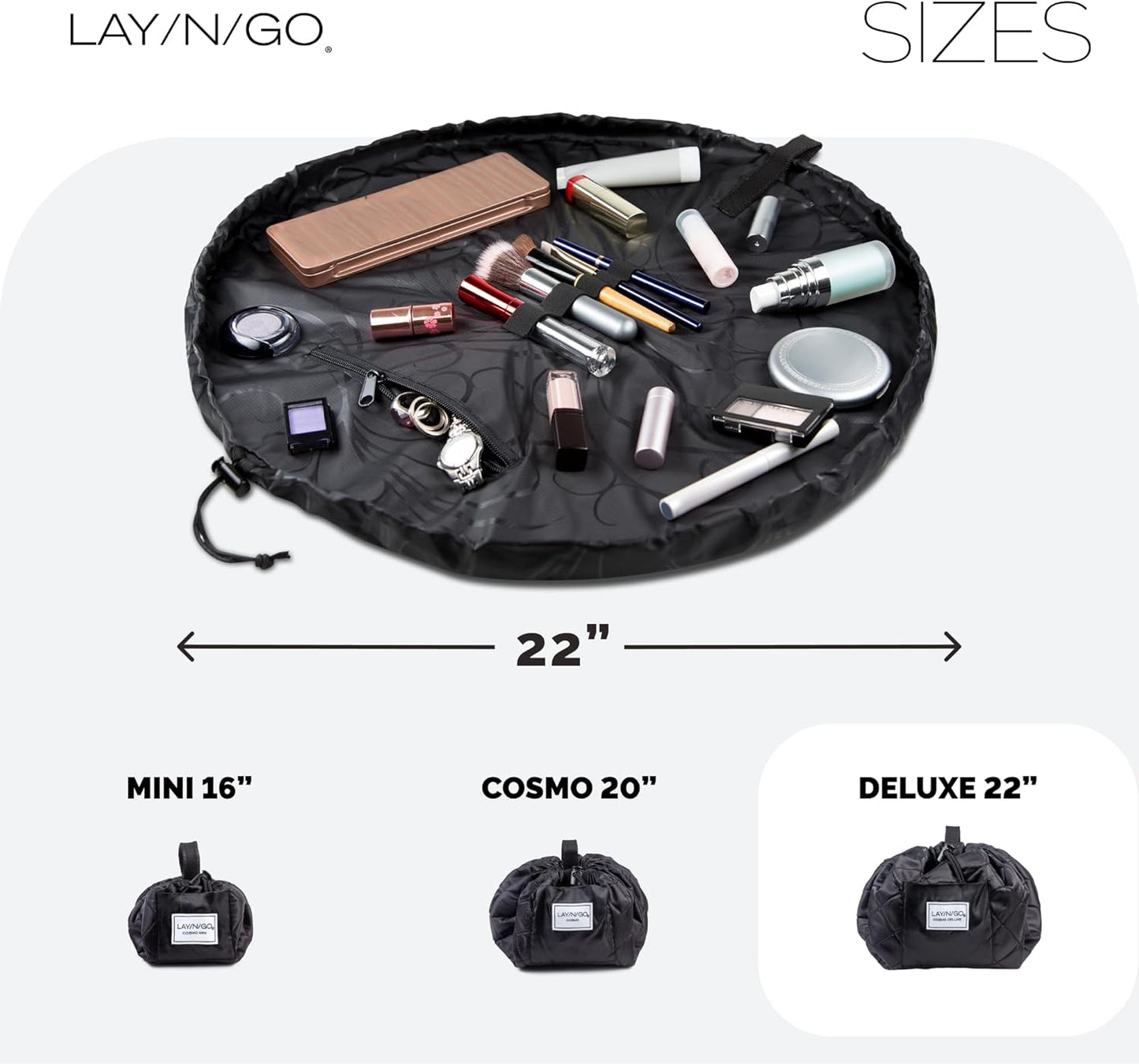 Lay-n-Go Cosmo Layflat Cosmetic & Makeup Bag Organizer - Portable Drawstring Bag w/Zipper Pocket, Brush Storage Loops & More - Durable, Machine Washable Toiletry Bag for Travel (22", Black)