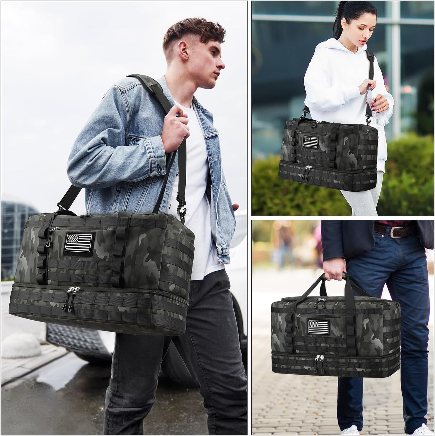 ETRONIK Travel Bag for Men Women, Gym Bag & Tactical Duffle Bags for Travel, Carry on with Toiletry Bag and Shoe Compartment, Weekender Overnight Trip with Wet Pocket for Workout Medical, Black Camo