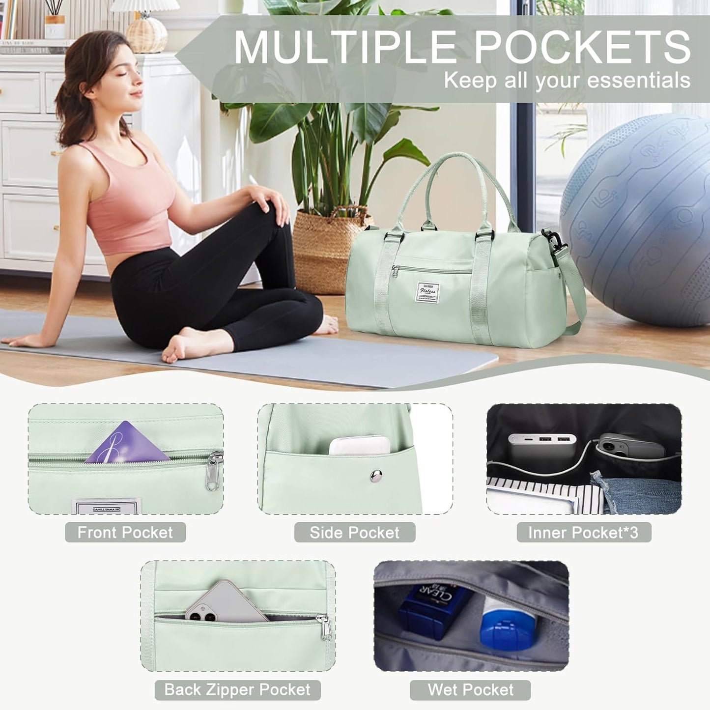 Gym Bag for Women with Shoes Compartment Small Duffel Bag Sport bag with Toiletry Bag Overnight Travel Tote Bags Weekender Carry on Bag Personal Item Bags for Airlines Mint Green