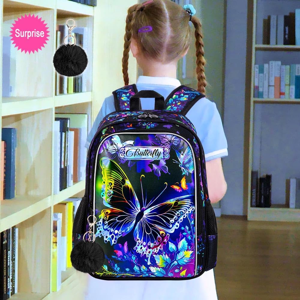 16" Butterfly Backpack for Girls, 3Pcs School Bookbag with Lunch Box, Kids Backpacks Set for Elementary Preschool Kindergarten(Black)