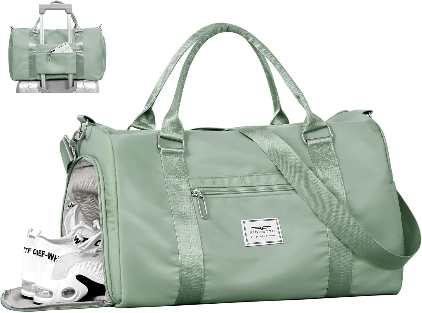 FIORETTO Womens Gym Tote Duffle Bag with Wet Pocket & Shoe Compartment, Sports Duffel Overnight Weekender Hospital Workout Carry on Bag for Girls, Ideal for Travel, Swimming, Dance, Ballet Celadon