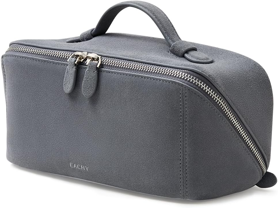 EACHY Leather Makeup Bag, Portable 180° Wide-Open Flat Cosmetic Bag for Women, Large Capacity Make Up Organizer Makeup Pouch with Divider and Handle