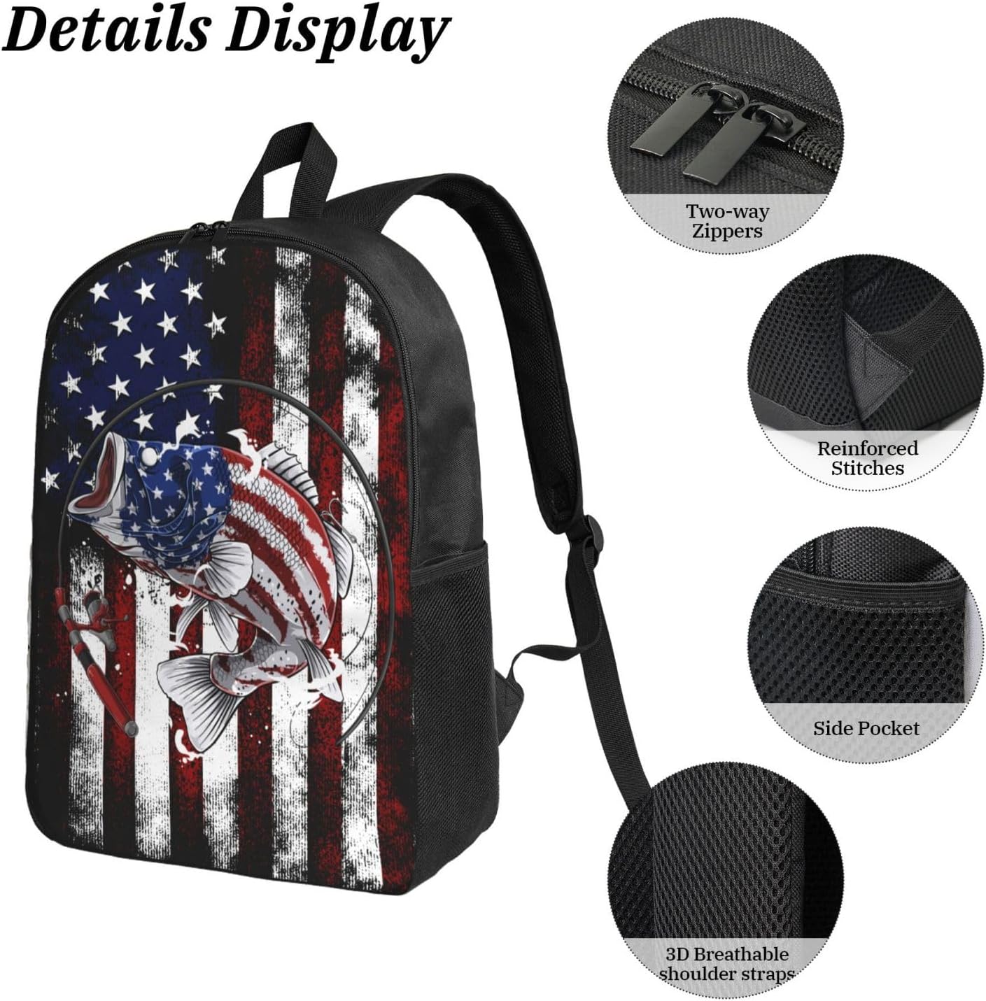 USA Fish Kid Backpack Set with Lunch Bag & Pencil Case Large Capacity School Bag 17 Inch Bookbag for Boy Girl