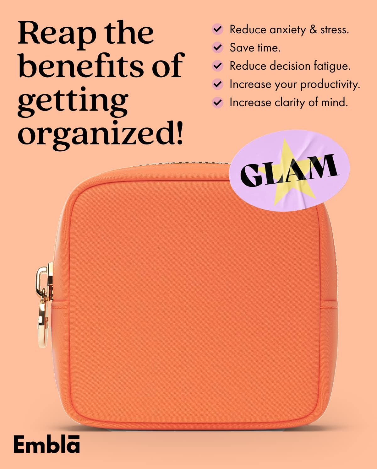 Embla Makeup Bag Travel Cosmetics Pouch and Toiletry Bag, Nylon Zipper Pouch Purse, Cute Make Up Organizer Storage Tote for Women Girls, Waterproof Travel Skincare Case, Small Makeup Bags, Peach