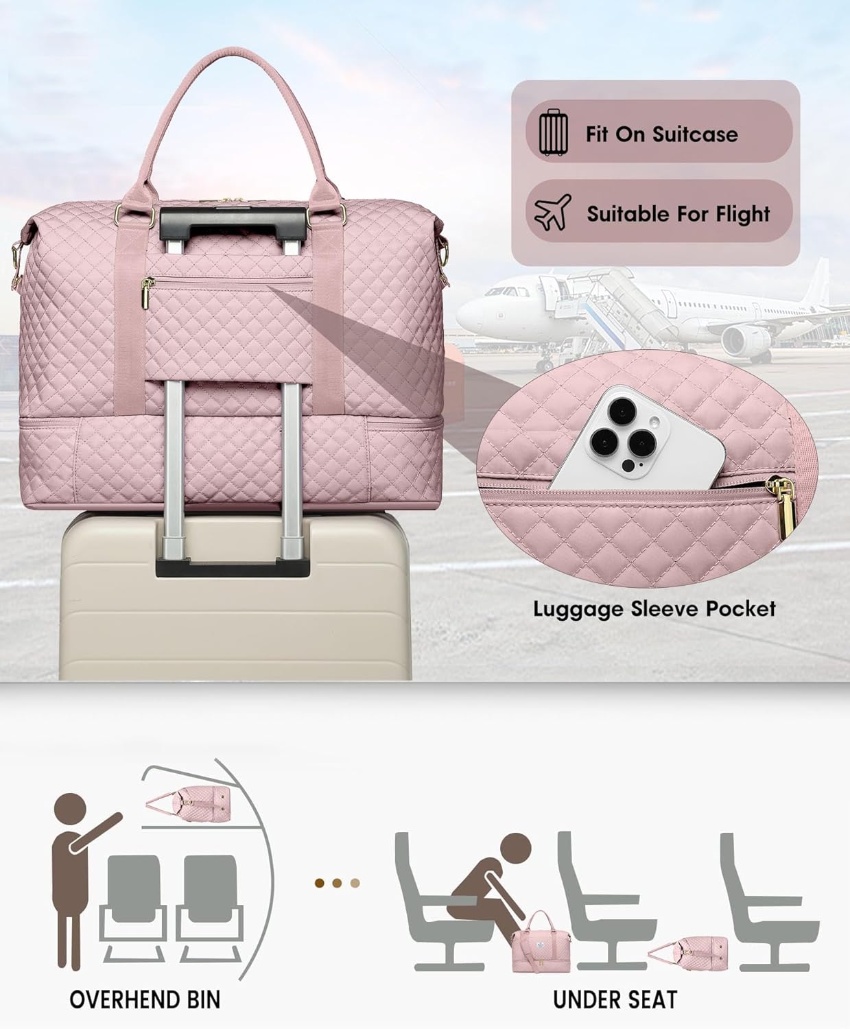 Weekender Duffle Bags for Women - Travel Duffel with Shoe Compartment, Carry On Overnight Bag, Gym Tote with Wet Pocket, Pink