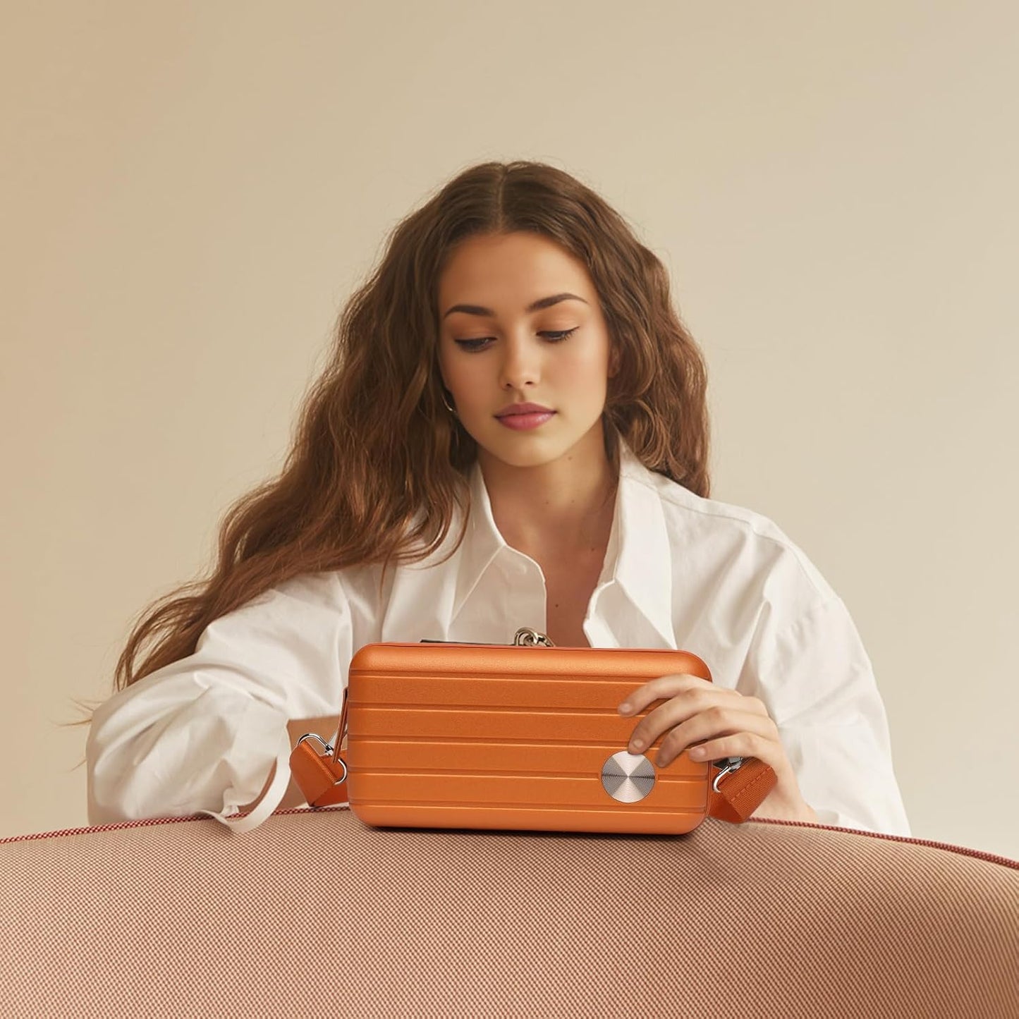 Somago Hard Shell Suitcase Handbag with Adjustable Strap Mini Cosmetic Handbag Cell Phone Purse Bag for 6.9" Shoulder Bag(Sunset Orange)