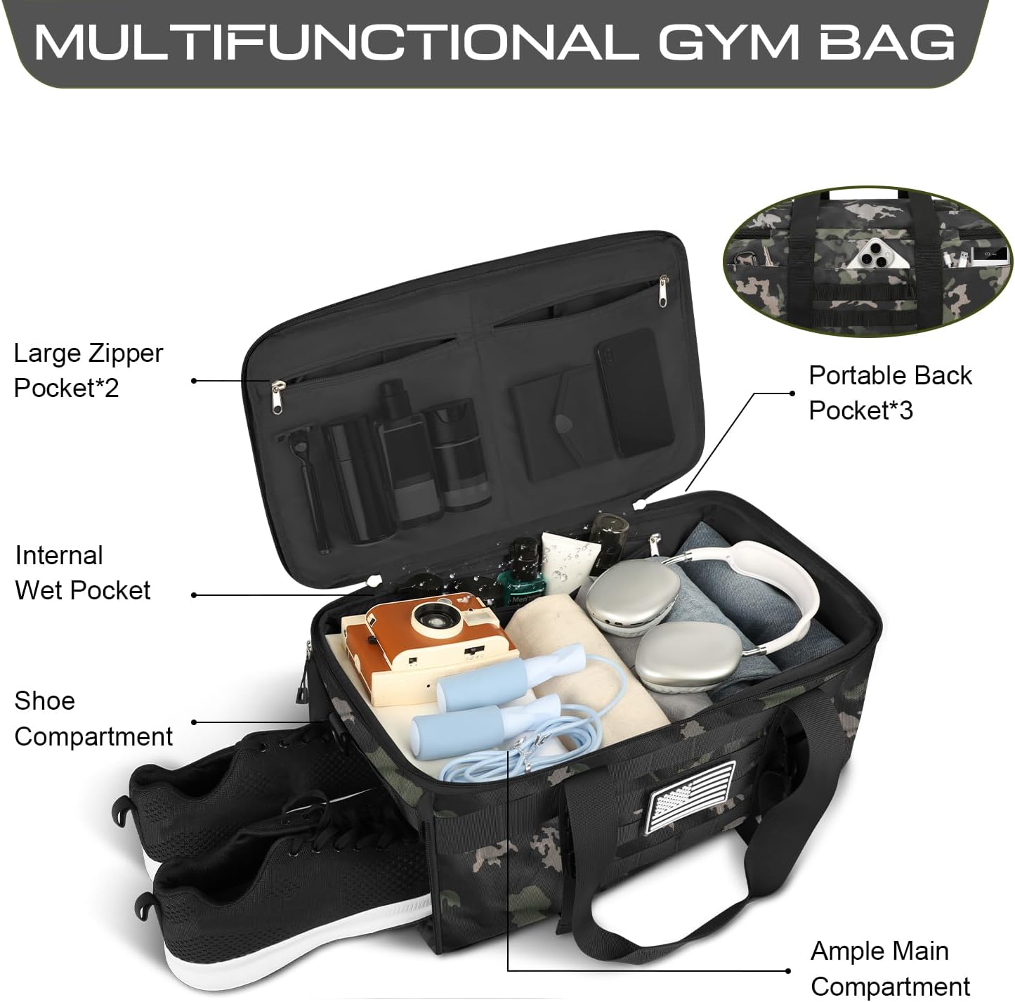 ETRONIK Gym Bags for Men, Tactical Duffle Bag Backpack with Shoe Compartment, 3 in 1 Carry on Bag Travel Backpack with Wet Pocket, Weekender Overnight Range Bag for Workout Football Gym, Camouflage