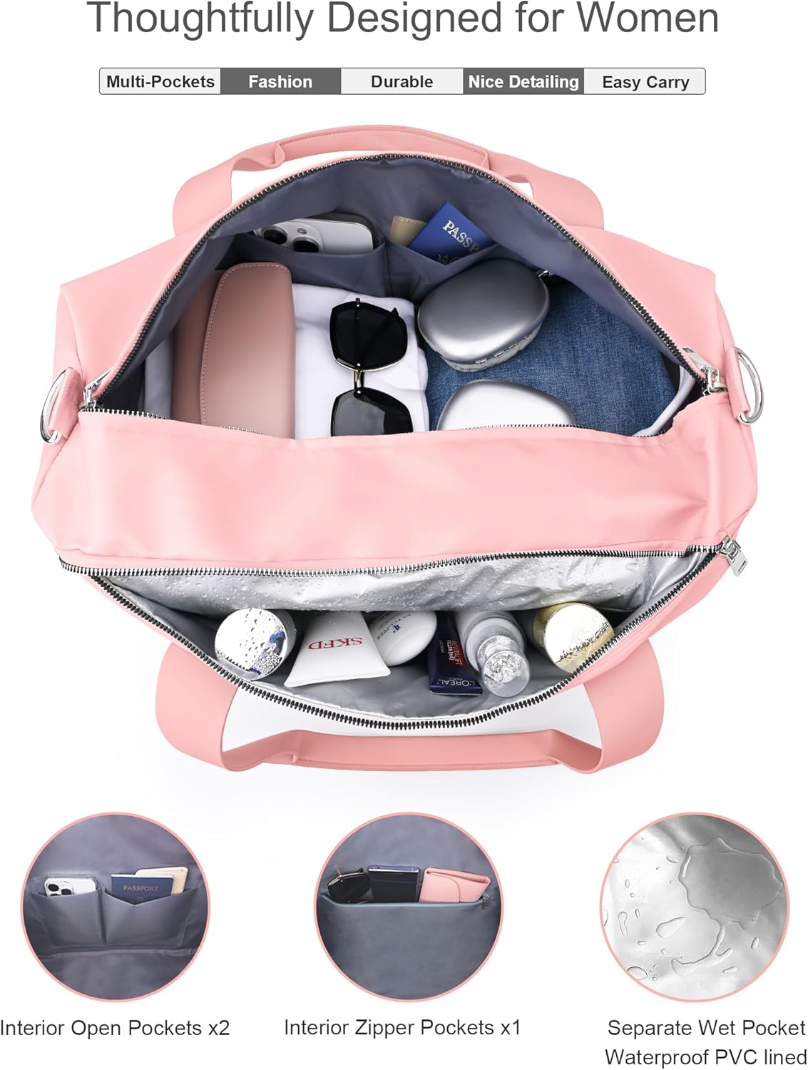 Pink Gym Bag for Women Girls with Shoe Compartment & Wet Pocket - Duffle Bag for Travel Sports Fitness Workout Athletic, 19"- Medium