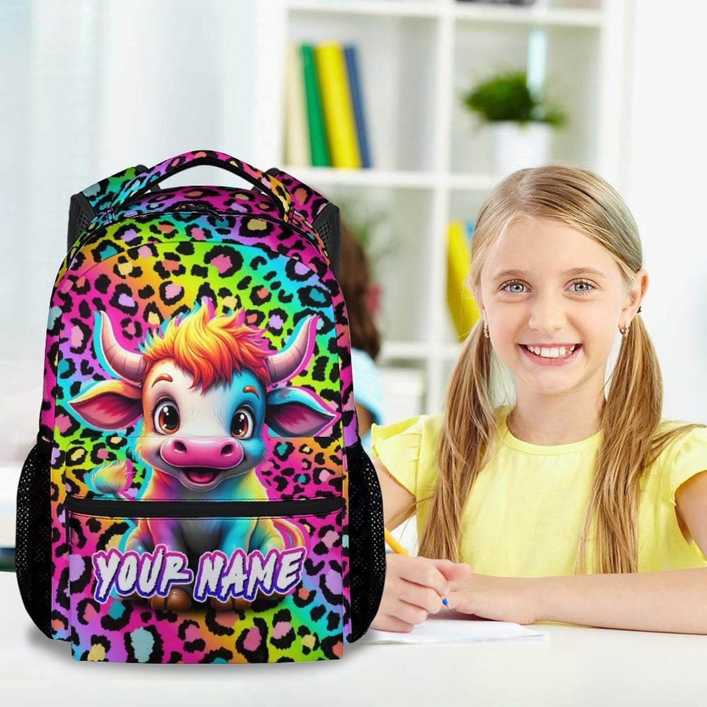 Custom Backpack for Girls - 17 Inch Cute Cow Backpack for Kids Children - Rainbow Cow Print Lightweight Durable Bookbag for High School