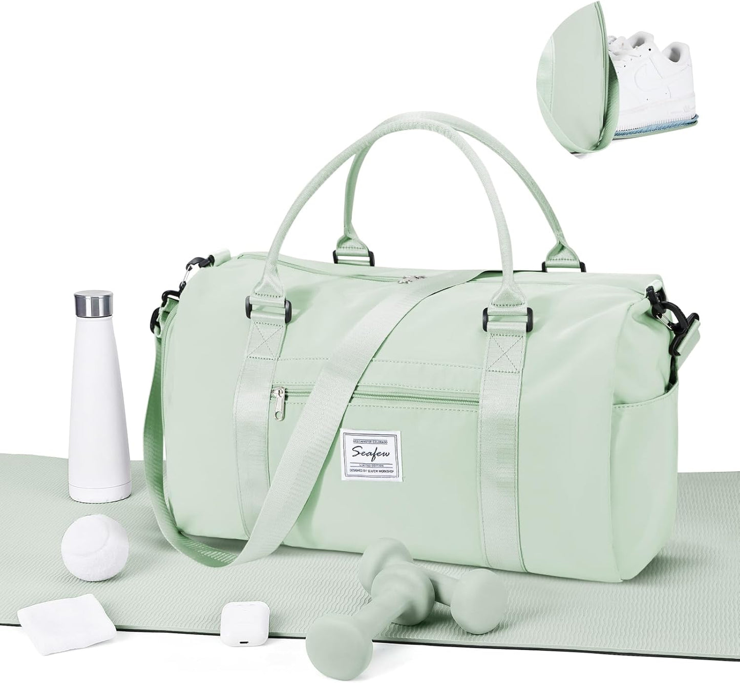 Gym Bag for Women Men with Shoes Compartment,Sports Duffle Bag Personal item travel Duffel Bags Tote Bag Small Carry on Weekender Overnight Bag Workout Dance Bag Hospital Holdalls Mint Green