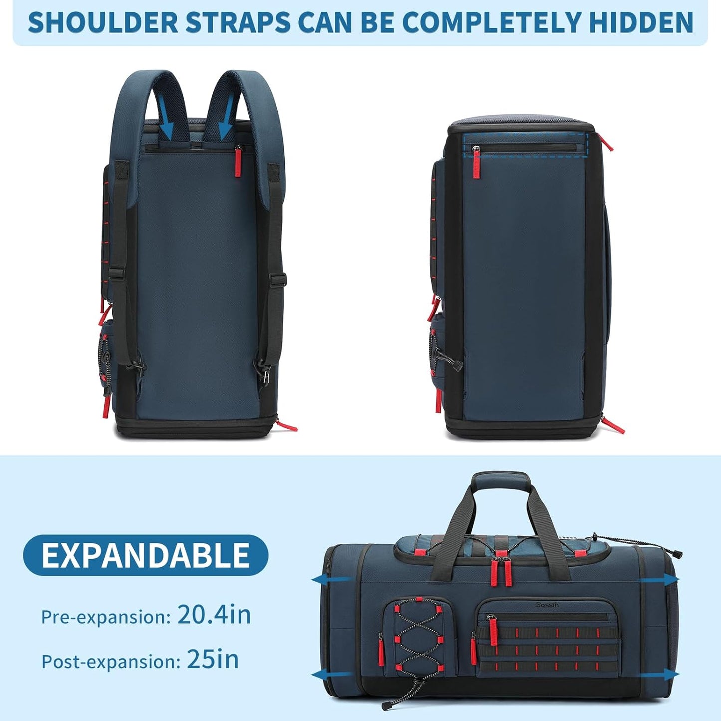 Bosstin Gym Bag for Men & Women,45L Travel Duffle Sports Duffel Bag Gym Weekender Overnight Backpack with Shoe Compartment (Blue)