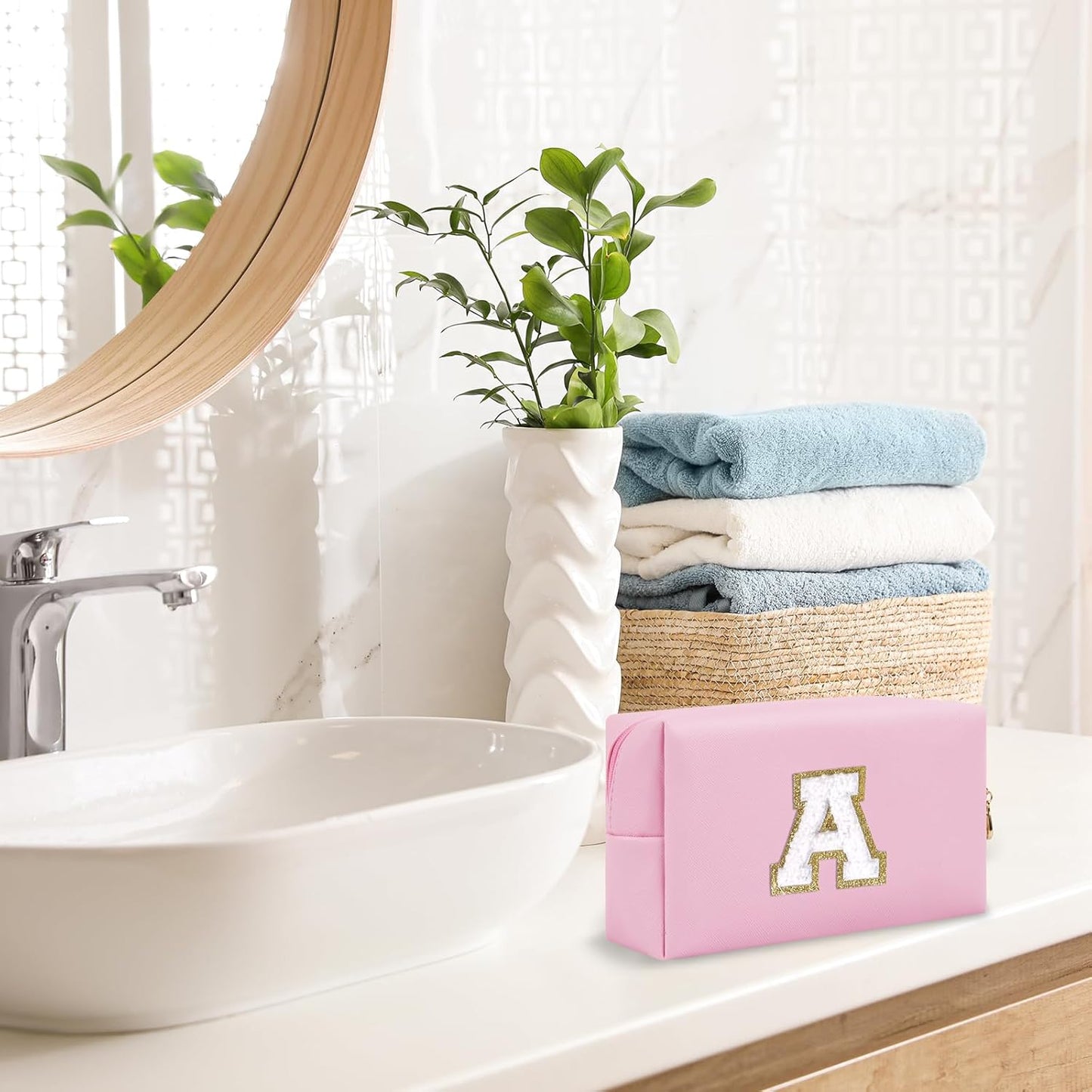 Personalized Initial A-Z Preppy Patch Makeup Bag,Small PU Chenille Letter Cosmetic Bag with Zipper for Teen Girls,Pink Cute Toiletry Organizer Bag,Monogram Makeup Case Gift for Women Girls,Letter A