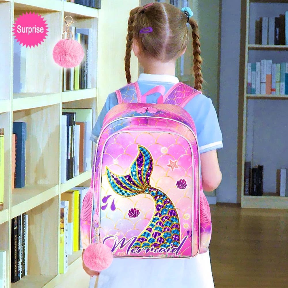 16" Mermaid Backpack for Girls, 3Pcs School Bookbag with Lunch Box, Kids Backpacks Set for Elementary Preschool Kindergarten(Pink)