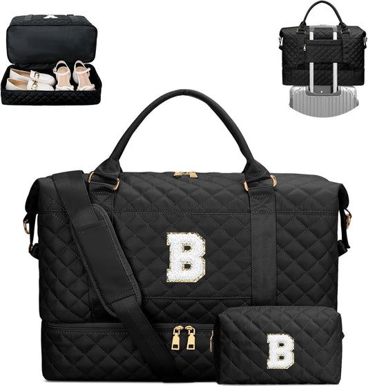 Gifts for Women Girls Christmas Initial Travel Duffle Bag Quilted Weekender Bags Carry-On Overnight with Cosmetic Bag, Gym Bag with Shoe Compartment, Black B