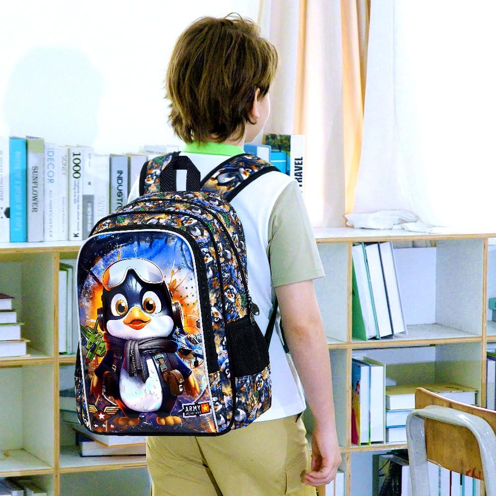 16" Backpack for Boys, 3Pcs Kids Bookbag with Lunch Box, Penguin School Backpacks for Elementary Preschool Kindergarten (Black)