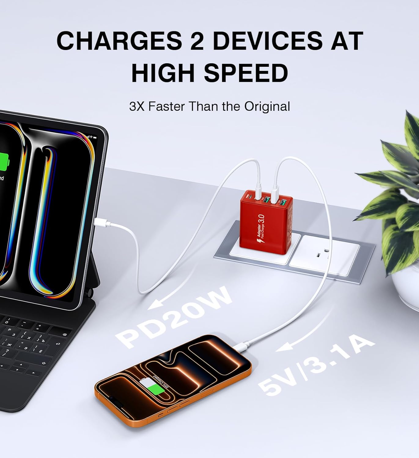 USB C Wall Charger Block, 2Pack 60W USB C Charger 5-Port PD Fast Charging Blocks,QC 3.0 USB A Multiport Plug,Type C Power Adapter Brick Cube for iPhone 17/16/15/14/13/Pro,Samsung,for Switch/Pixel（Red）