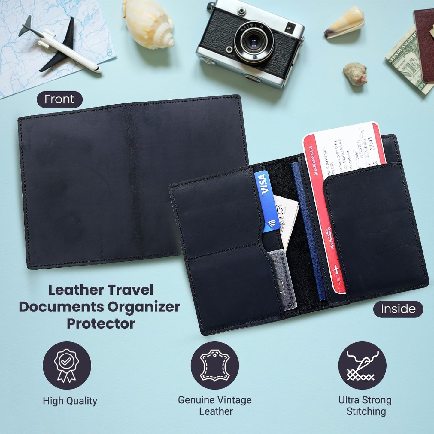 Leather Passport Holder with Travel Wallet, Genuine Leather Passport Cover- Passport Wallet, Leather Folding Wallet for Passports (Straight Cut, Black)