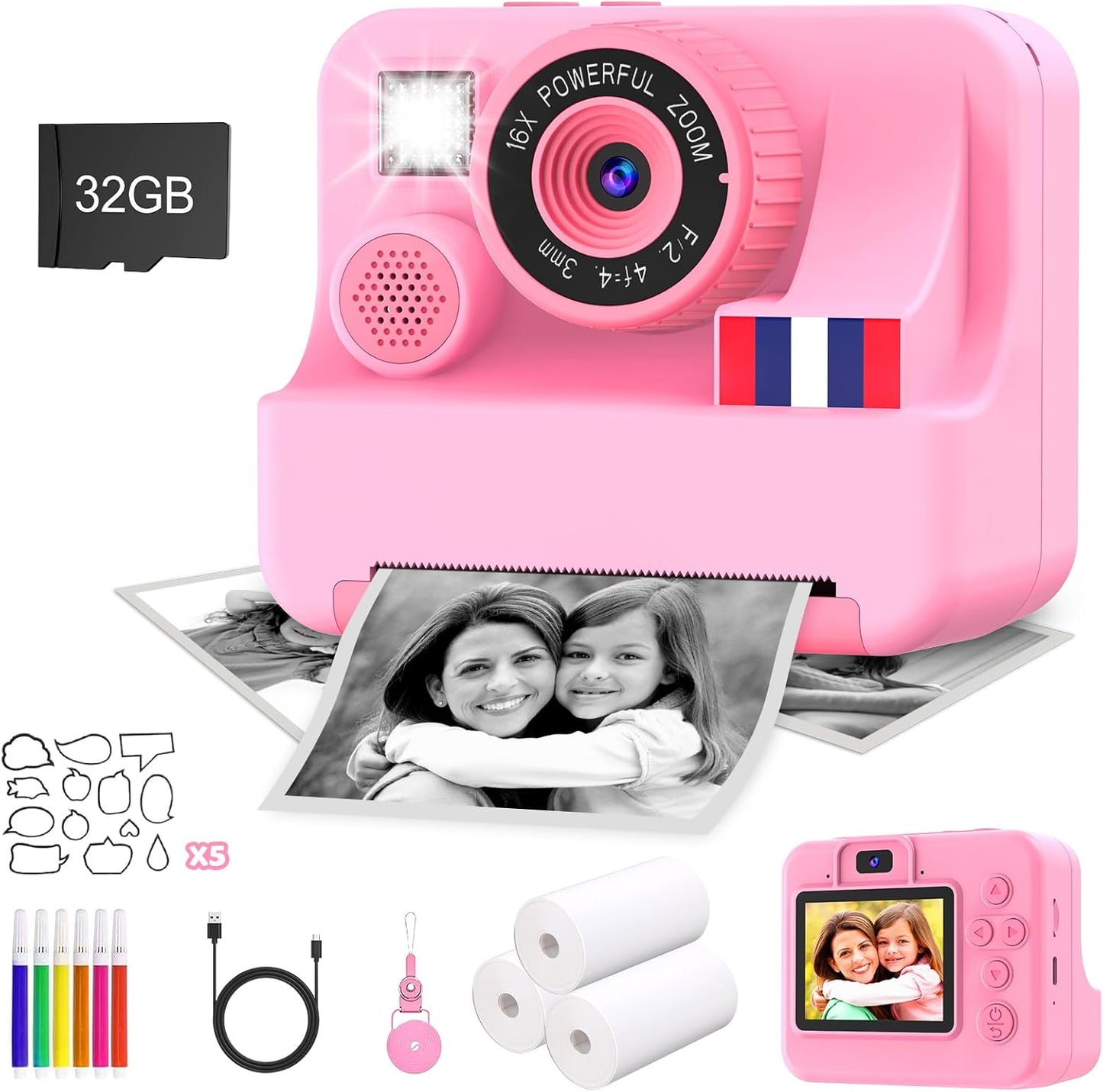 Instant Print Camera for Kids - Christmas Birthday Girls Gifts for Age 3 4 5 6 7 8 9 10 Year Old, 2.4 Inch Screen Kids Instant Camera, Kid Digital Video Cameras Toys with 32 GB SD Card