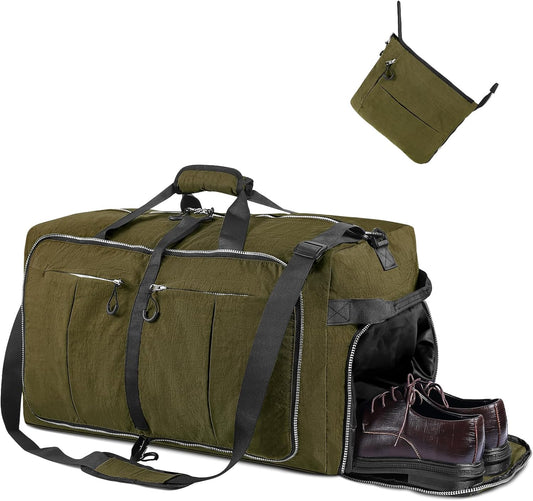 65L 25" Foldable Duffle Bag with Shoe Compartment,Lightweight Water Resistant Packable Travel Bag,Army Green