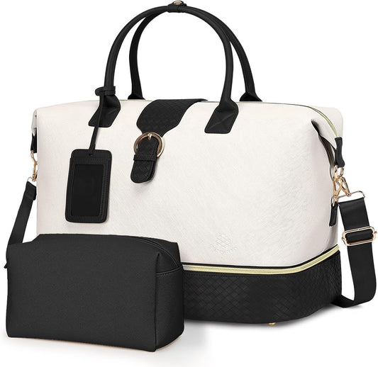 Leather Weekender Bags for Women, Travel Duffel Bag PU Overnight Bag Carry On Tote Bag with Shoe Compartment Wet Pocket