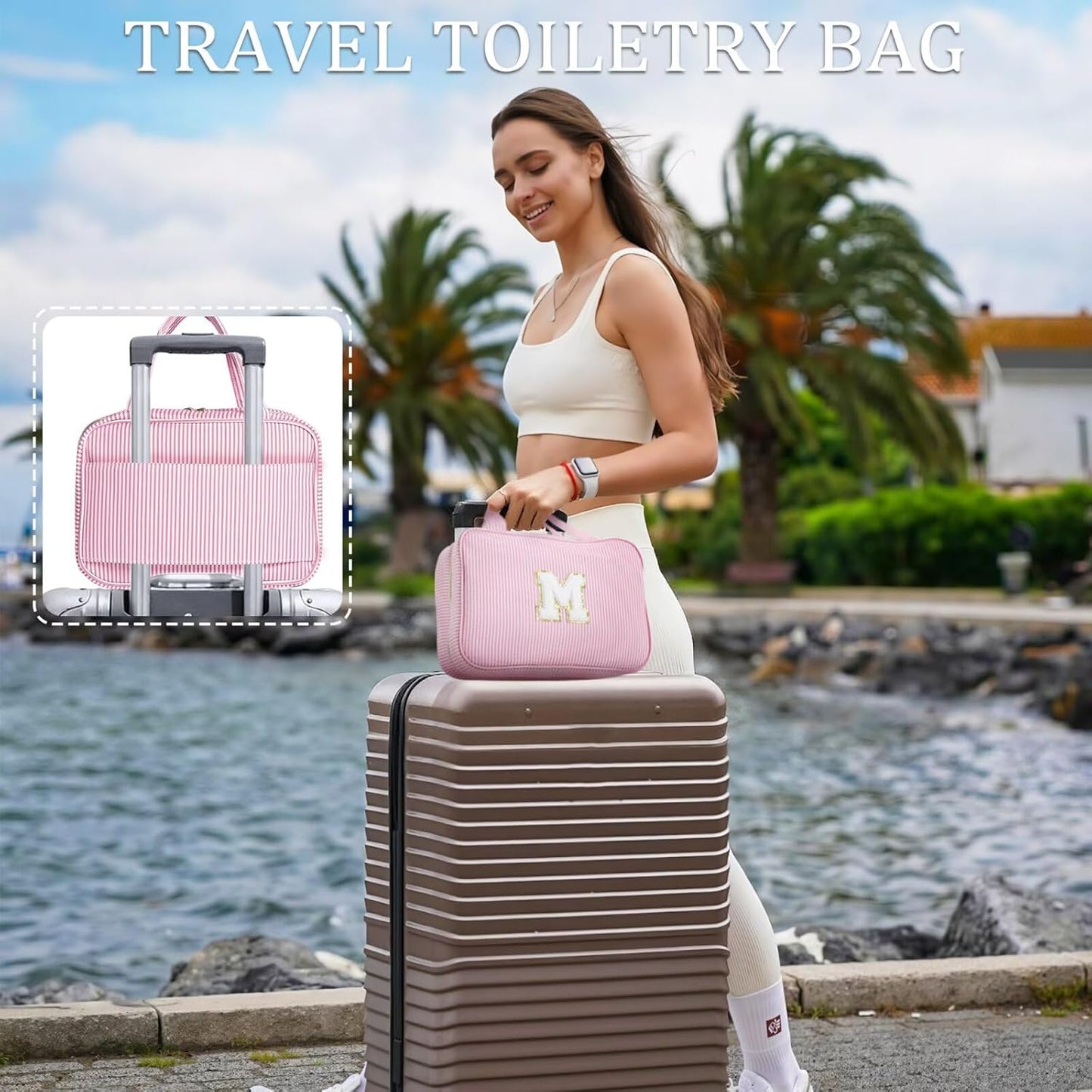 YOOLIFE Travel Toiletry Bag Makeup Bag - Hanging Toiletry Bag for Women, Portable Toiletries Travel Bag and Cosmetic Bag, Airplane Travel Essentials Travel Toiletry Bag - Letter J, Pink