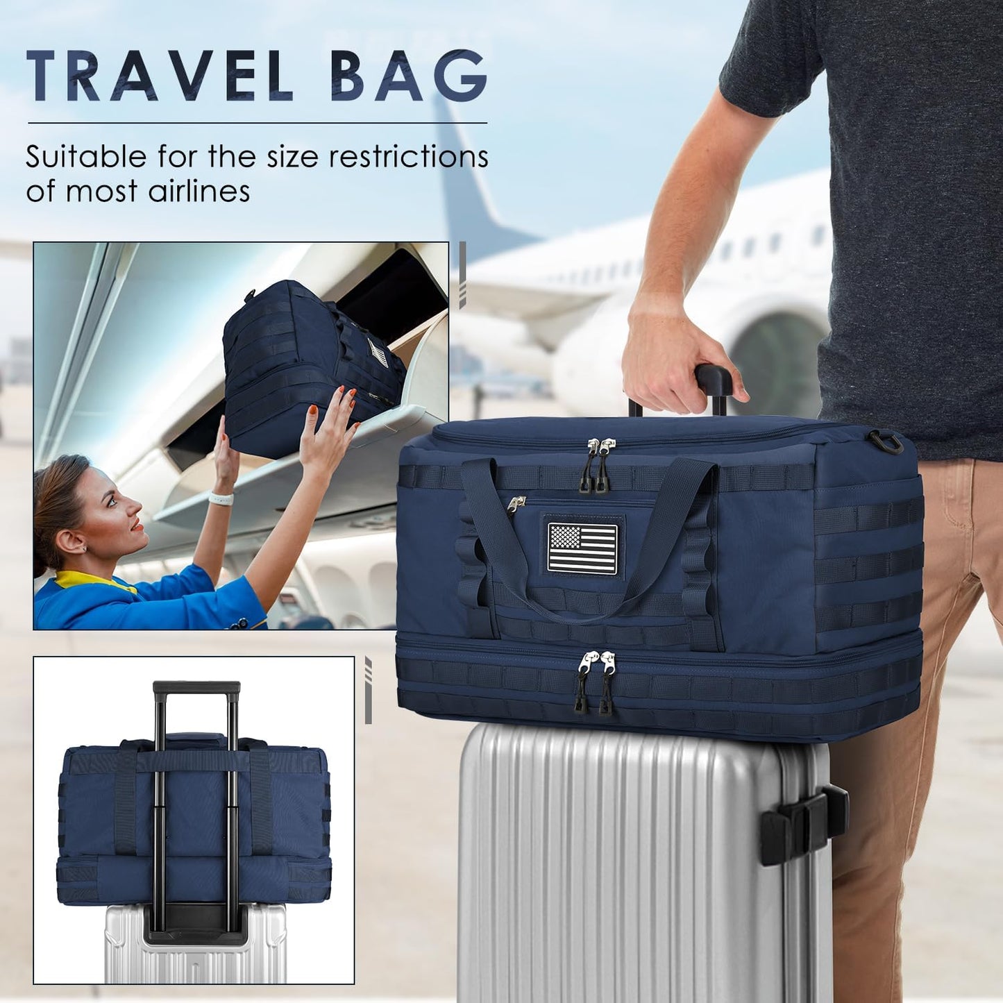 ETRONIK Travel Bag for Men Women, Gym Bag & Tactical Duffle Bags for Travel, Carry on with Toiletry Bag and Shoe Compartment, Weekender Overnight Trip with Wet Pocket for Workout Medical, Blue