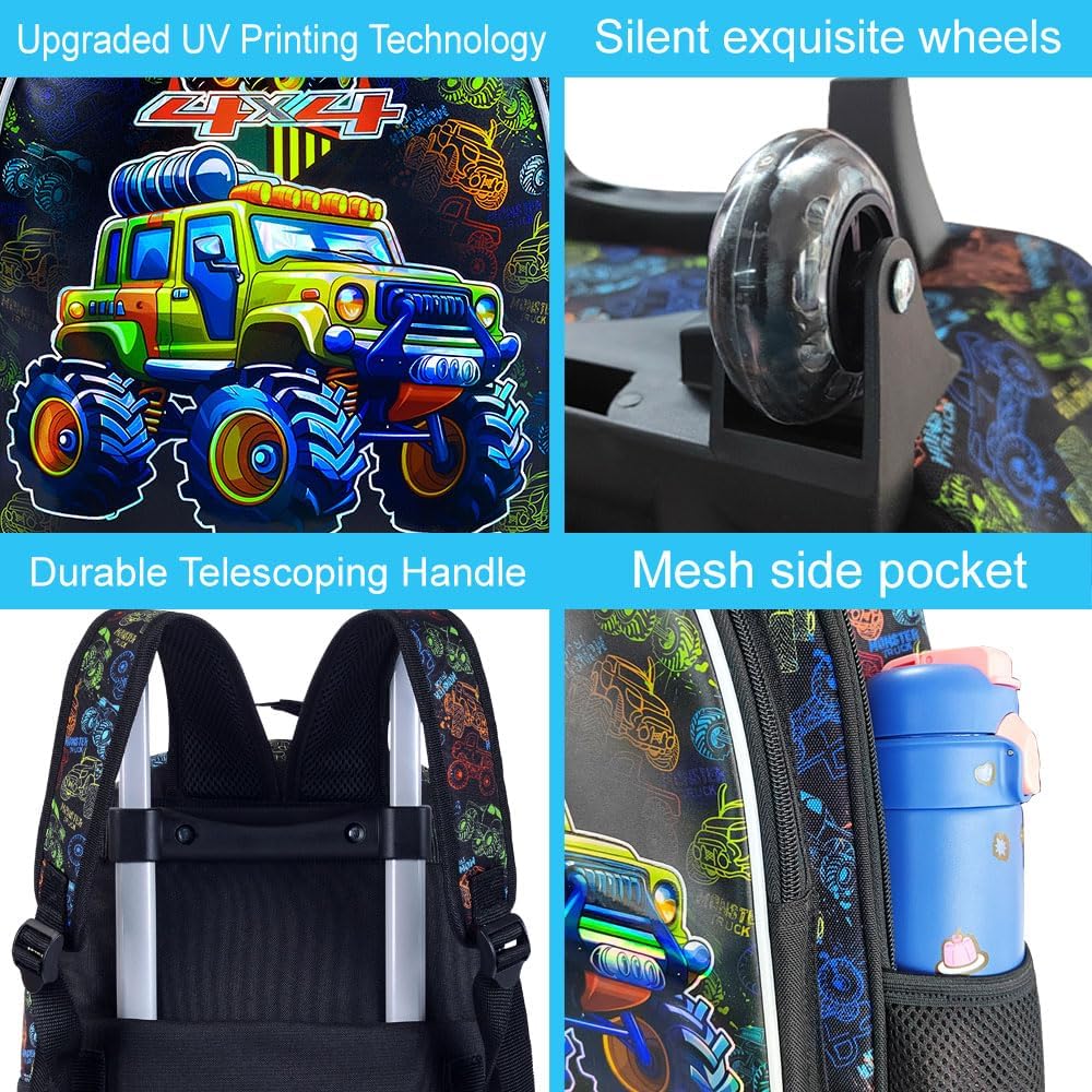 3PCS Rolling Backpack for Girls and Boys, Kids Roller Wheels Bookbag, Wheeled Elementary School Bag with Lunch Bag