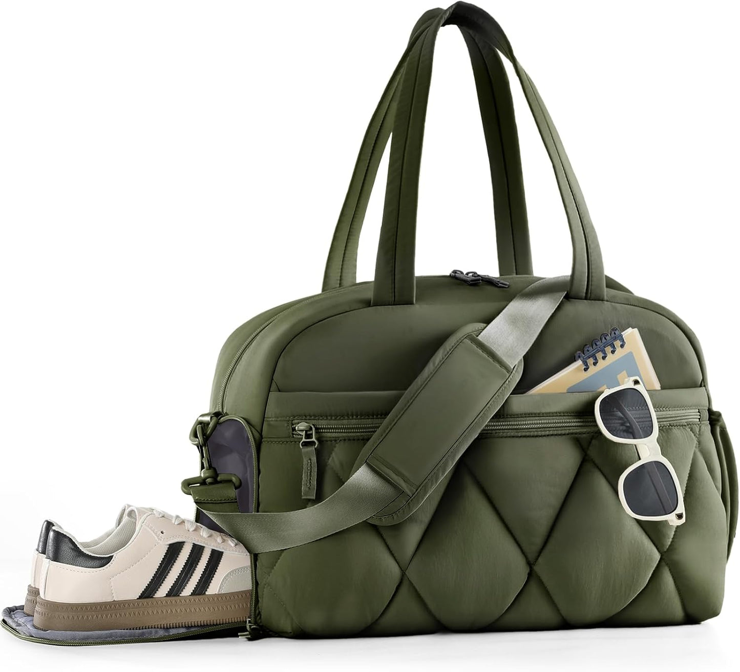Gym Bag for Women, Puffer Travel Duffle Bag With Shoes Compartment & Wet Pocket, Carry On Tote Bag For Weekender, Overnight, Sport (Green)