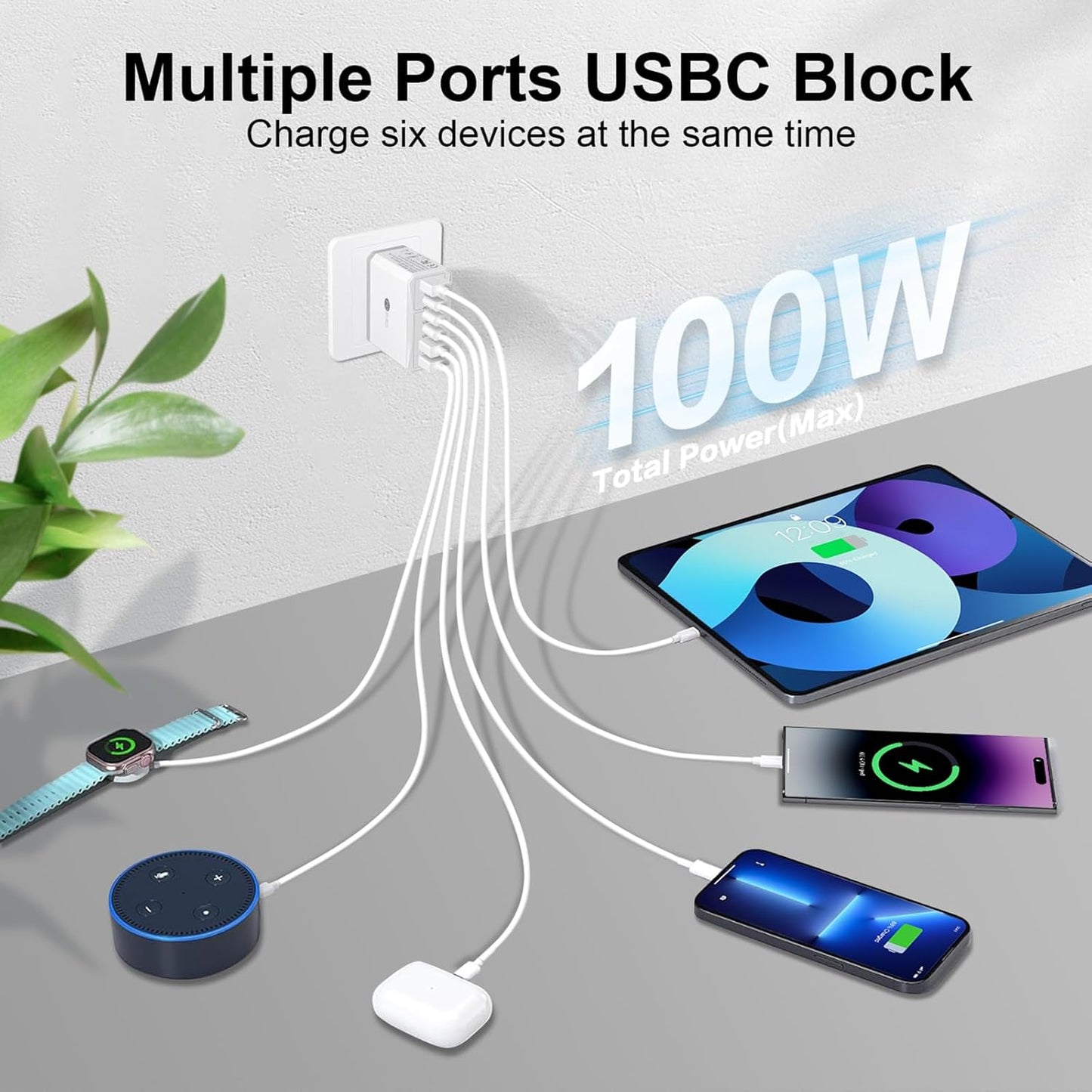 USB C Charger Block:100W 6-Port Fast Charging Blocks Wall Charger, Type C Charging Brick USB Cube Power Adapter for iPhone 16/15/14/13/12/11 Pro Max, Cell Phones - Lightweight & Travel-Friendly Design