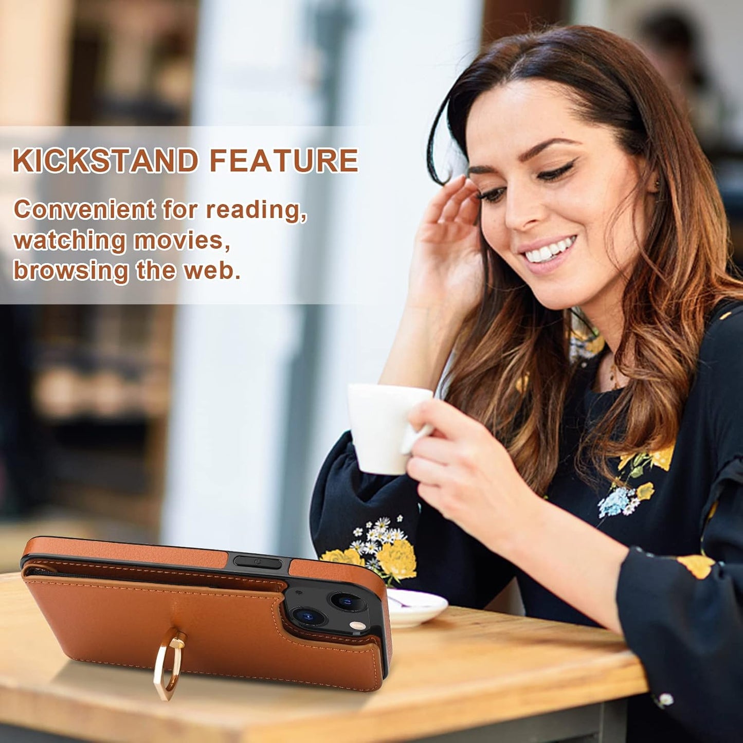 Folosu Compatible with iPhone 14 Case Wallet with Card Holder, 360°Rotation Finger Ring Holder Kickstand, RFID Blocking Leather Protective Double Buttons Shockproof Cover 6.1 Inch Brown