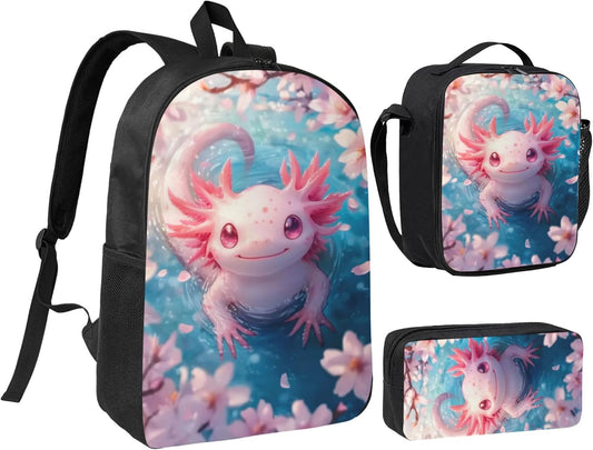 Axolotl Kid Backpack Set with Lunch Bag & Pencil Case Large Capacity School Bag 17 Inch Bookbag for Boy Girl