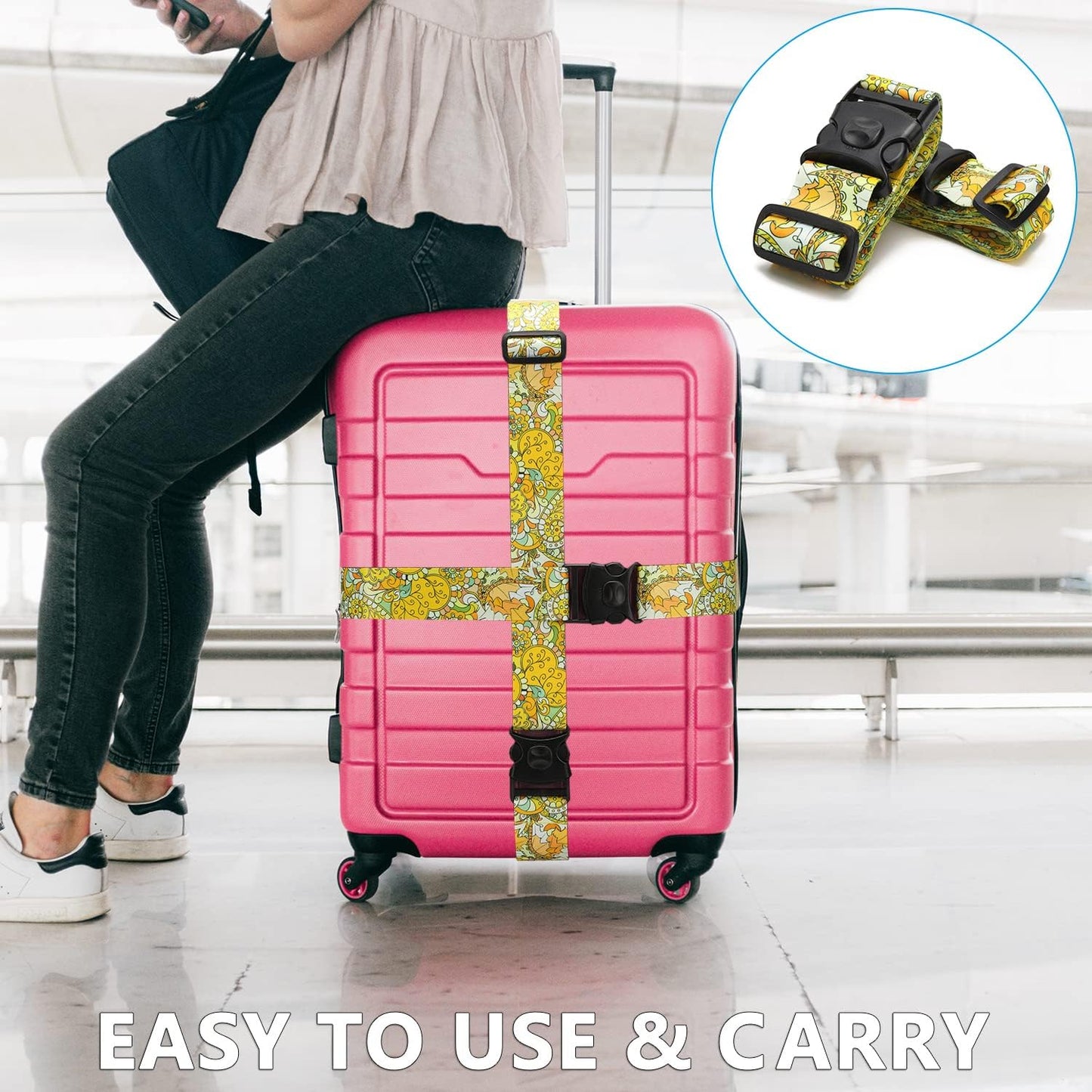 2 Pack 75'' x 2'' Adjustable Luggage Straps for Suitcase Belt Travel Bag Packing Straps Accessories (Yellow Flower)