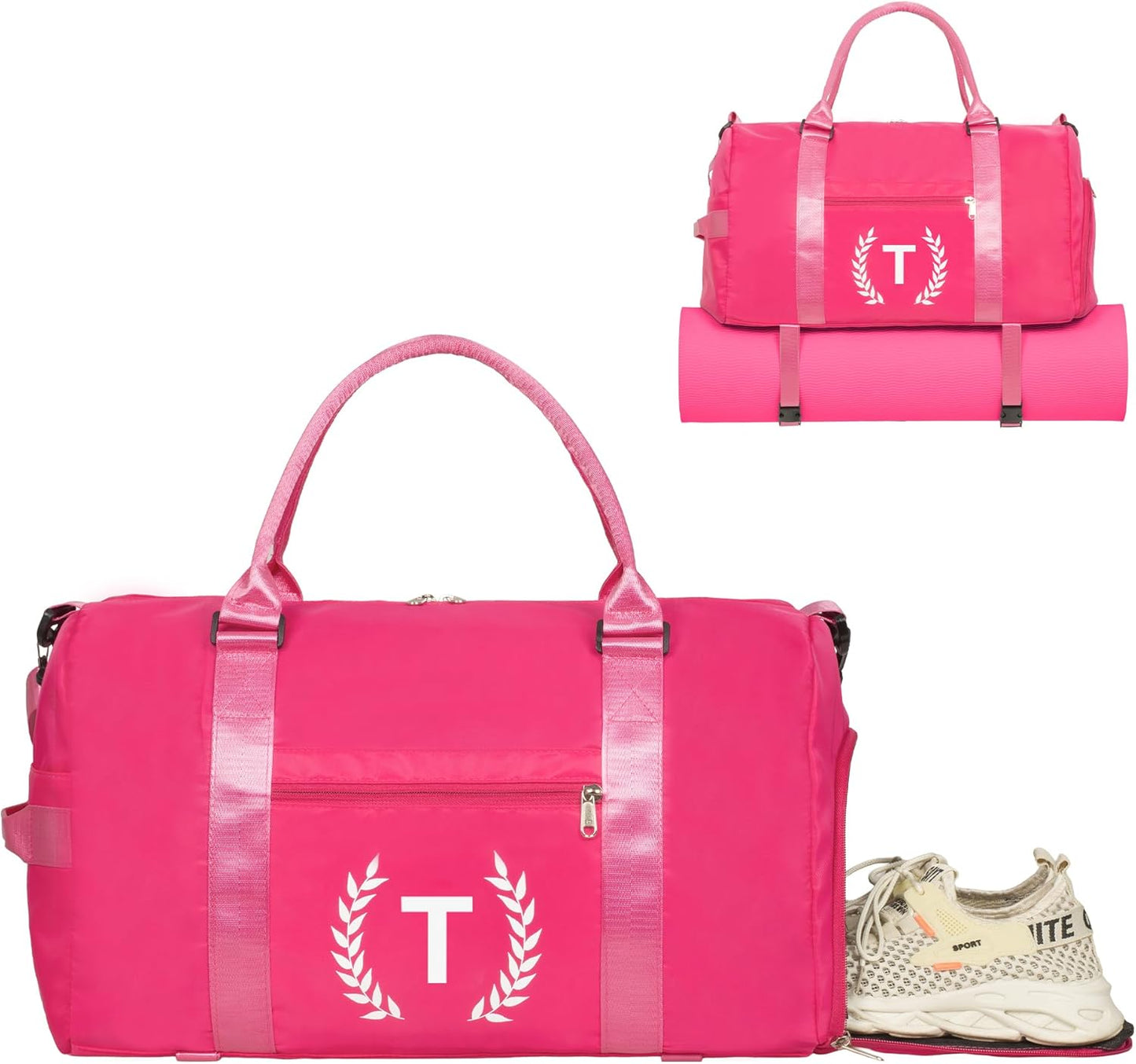 Gym Bag for Women, Personalized Duffle Bag with Shoe Compartment, Sports Bag for Yoga & Dance with Wet Pocket and Mat Strap(HotPink,T)