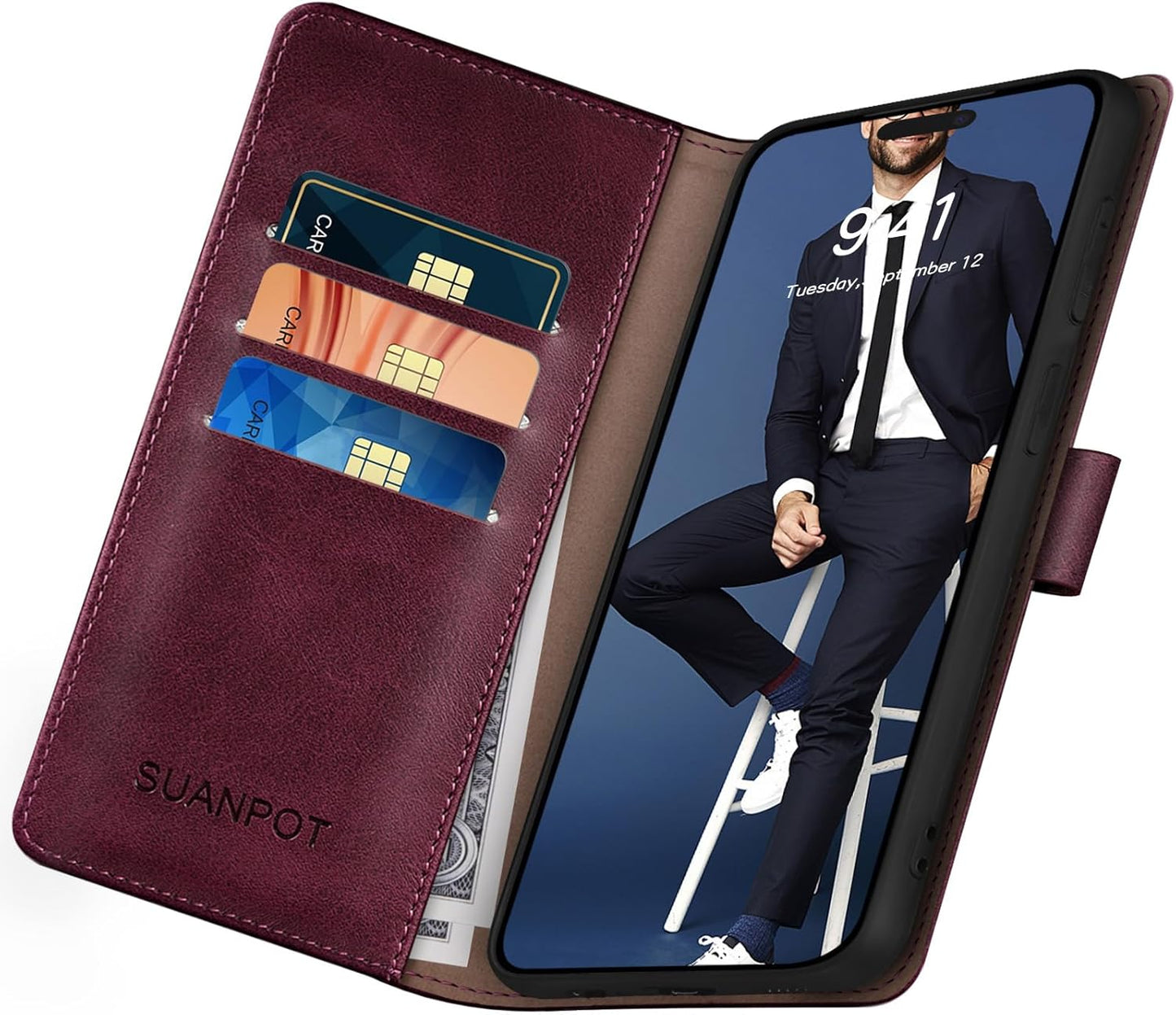 SUANPOT Compatible with iPhone 17 Pro Max 6.9" Wallet case with RFID Blocking Credit Card Holder,Flip Book PU Leather Protective Cover Women Men for Apple 17 Pro Max Phone case Wine Red