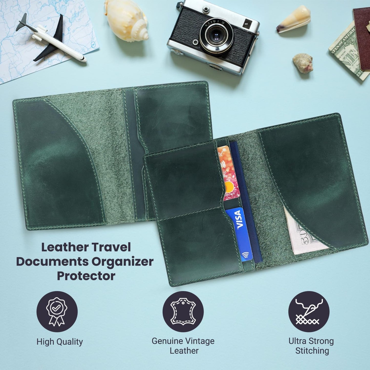 Leather Passport Holder with Travel Wallet, Genuine Leather Passport Cover- Passport Wallet, Leather Folding Wallet for Passports (Oval Cut, Green)