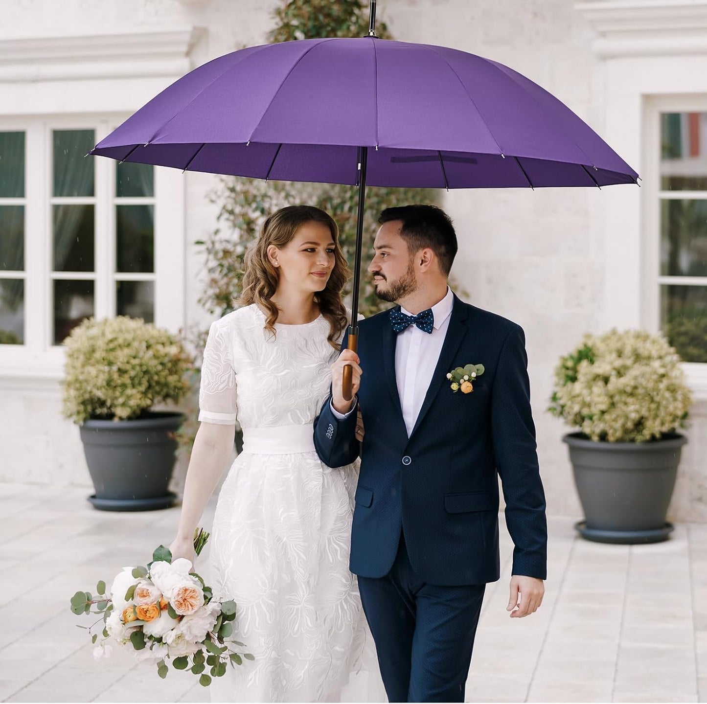 G4Free 54 Inch Large Windproof Umbrella for 2 Persons, 16 Ribs Auto Open Classic Wooden J Handle Cane Stick Golf Rain Umbrellas for Men Women Travel 120cm