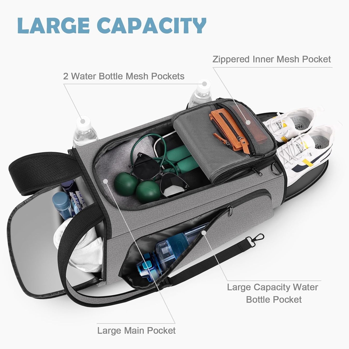 Gym Bag for Women Men, Duffle Travel Bag with Shoes Compartment and Wet Pocket, Waterproof Overnight Carry On Bag Backpack with Two Elastic Bottle Holders for Travel, Workout, Sports, Weekend - MIYCOO