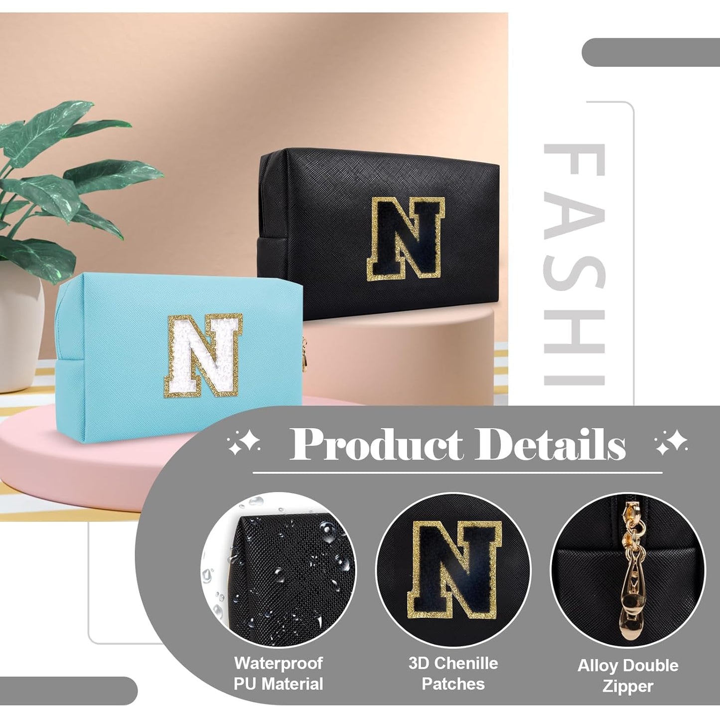 Personalized Initial A-Z Preppy Patch Makeup Bag,Small PU Chenille Letter Cosmetic Bag with Zipper for Teen Girls,Black Cute Toiletry Organizer Bag,Monogram Makeup Case Gift for Women Girls,Letter N