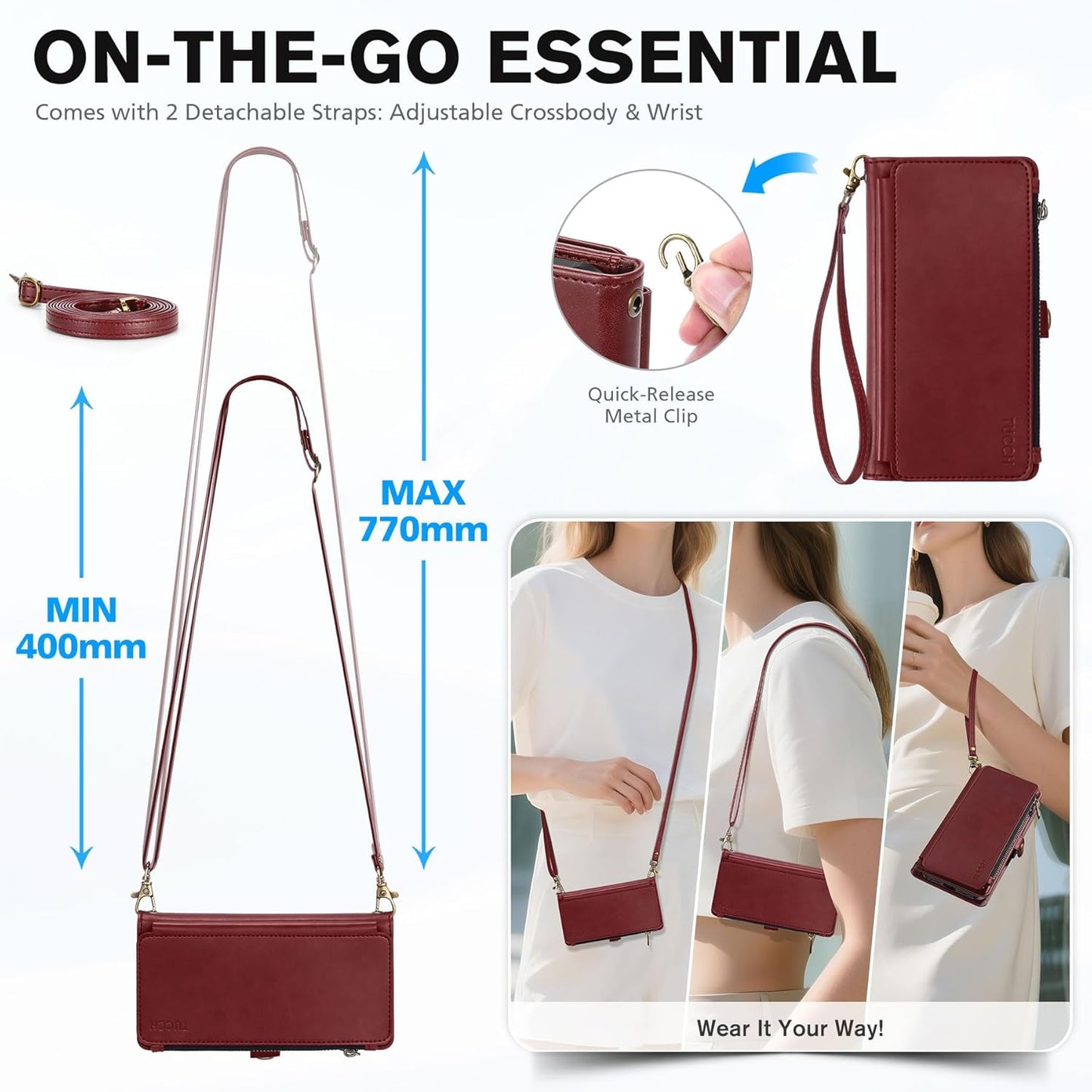 TUCCH Detachable Crossbody Case Wallet for iPhone 17 (6.3"), Wireless Charging | RFID Blocking 9 Card Holders | Lanyard | Wrist Strap | Stand | Zipper Pocket | PU Leather | Magnetic Cover | Dark Red