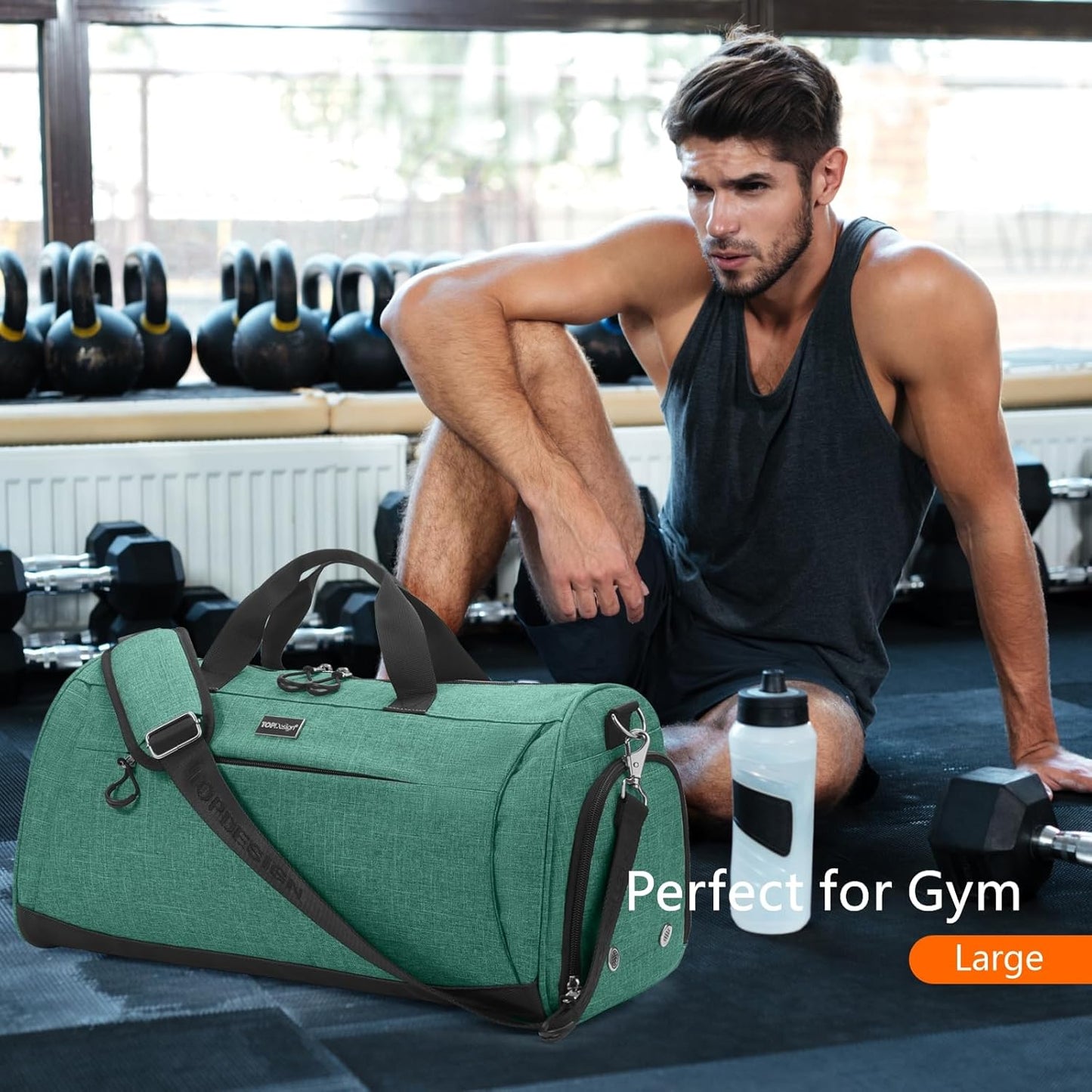 TOPDesign Gym Bag for Women & Men, Unisex Duffel Bag with Shoe Compartment & Wet Pocket for Travel Sports Gym (M Textured Green)