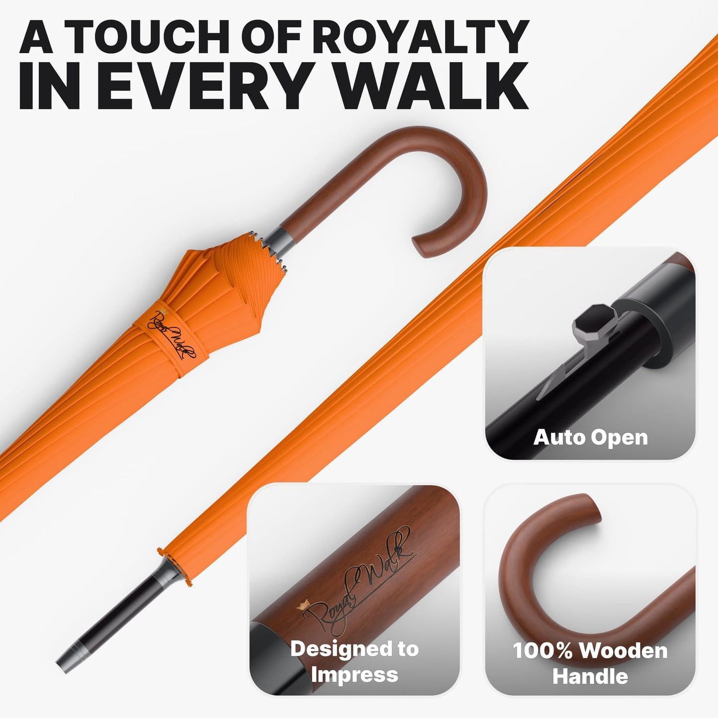 Royal Walk Windproof Large Umbrella for Rain 54 Inch Automatic Open for 2 Persons Wind Resistant Big Golf Umbrellas for Adult Men Women Classic Wooden Handle Fast Drying Strong 16 Ribs Travel 120cm