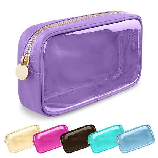 Clear Small Makeup Bag with Zipper, Nylon&PVC Cosmetic Travel Bag Preppy TSA Approved Toiletry Bag for Women Girls, Transparent Waterproof Makeup Pouches Cute Travel Bag for Purse(Small-Purple)