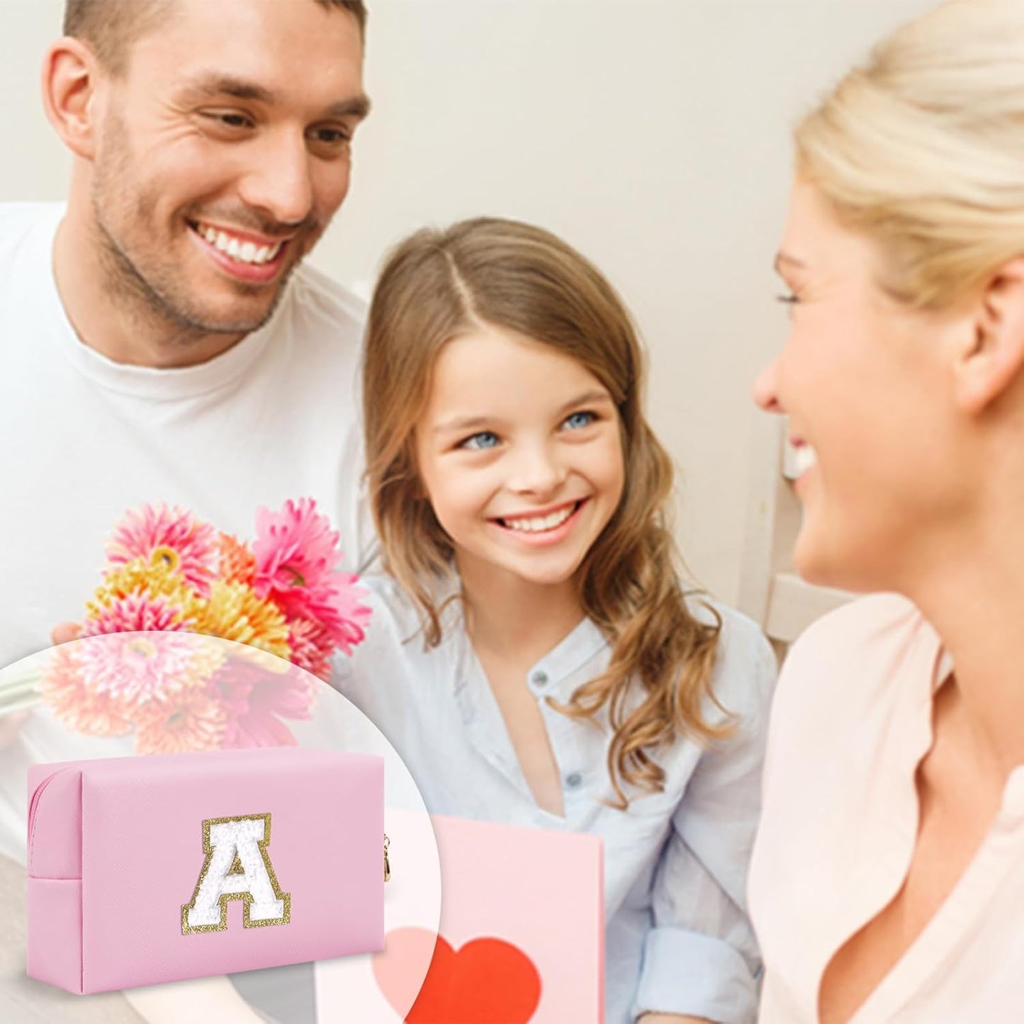 Personalized Initial A-Z Preppy Patch Makeup Bag,Small PU Chenille Letter Cosmetic Bag with Zipper for Teen Girls,Pink Cute Toiletry Organizer Bag,Monogram Makeup Case Gift for Women Girls,Letter A