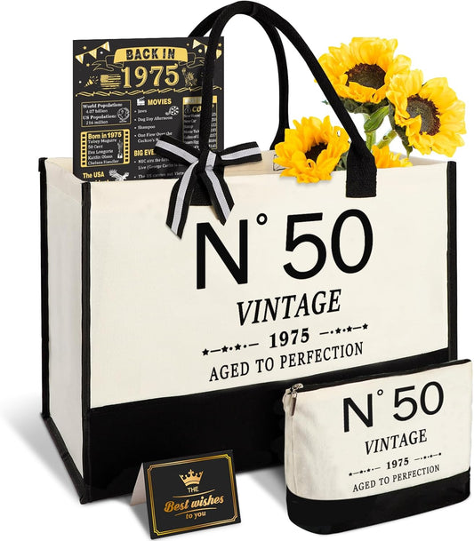 50th Birthday Gifts for Women Canvas Tote Bag, Unique 50 Years Old Gifts for Wife Sister Mom Aunt Friends Her, Vintage N°50 Handbag & Cosmetic Bag & Back in 1975 Poster