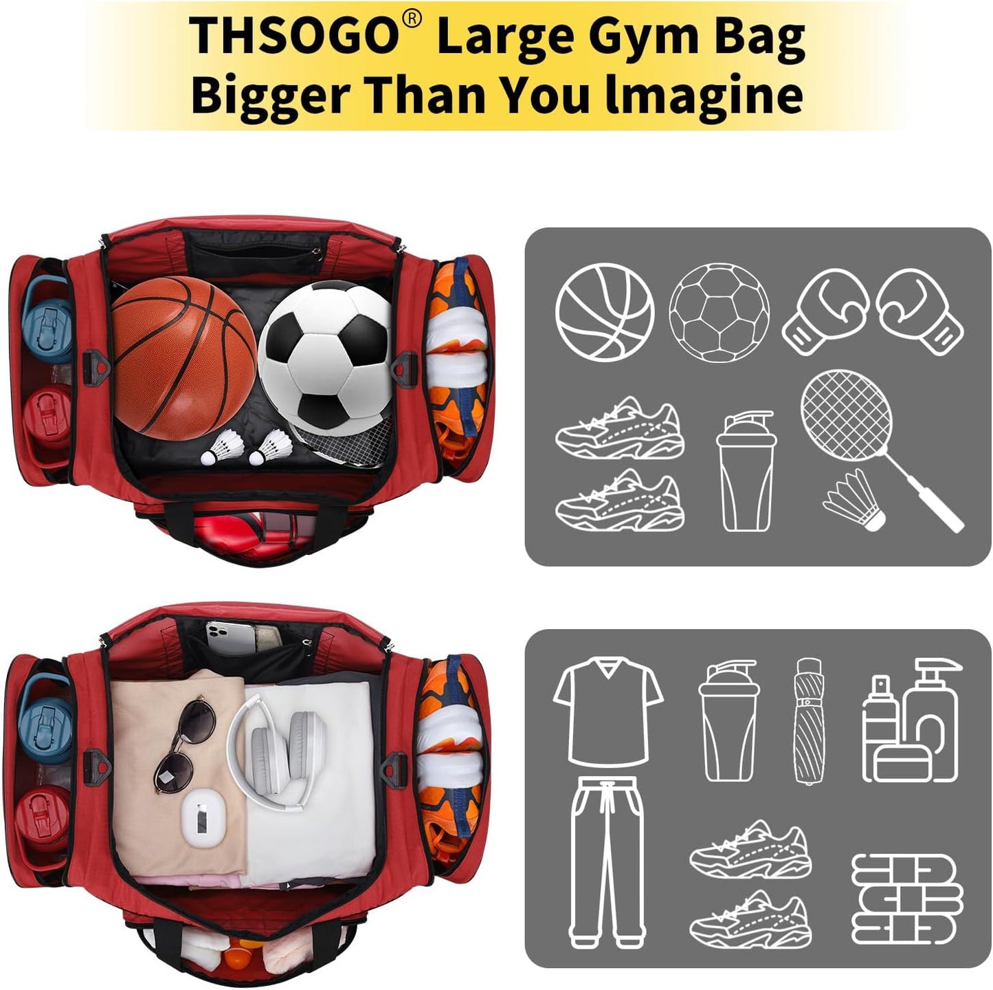 22 inch Gym Bag for Men - 55L Large Travel Duffle Bag Sports Equipment Bag with Multiple Zippered Pockets,Outdoor Workout Duffle Bag for Overnight Weekend - Red