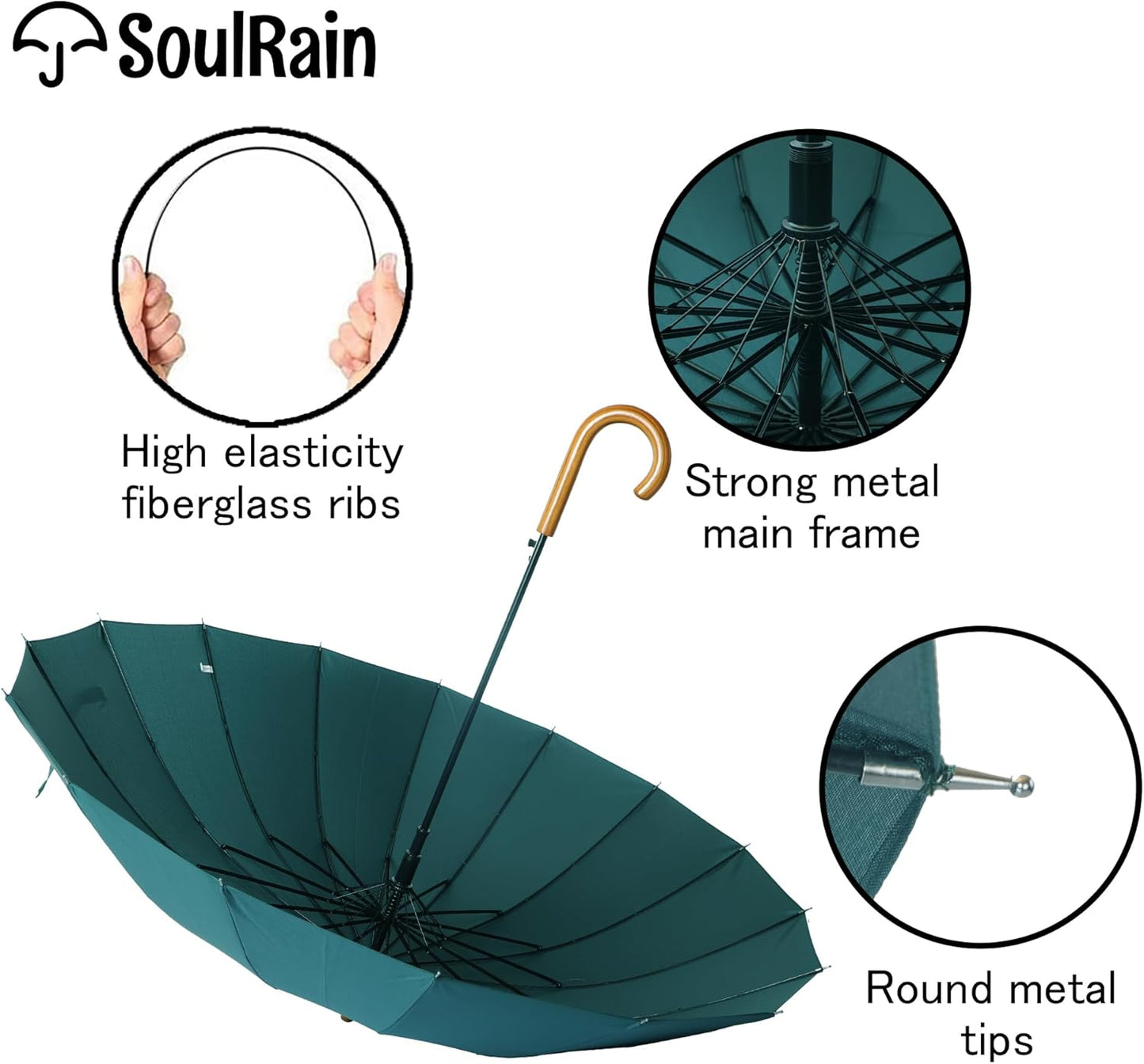SoulRain 16 Ribs 48" Stick Umbrella Auto Open Solid Color Fashionable and Simple，Arc Classic Wood Handle，Windproof Unbreakable Stick Rain Umbrella