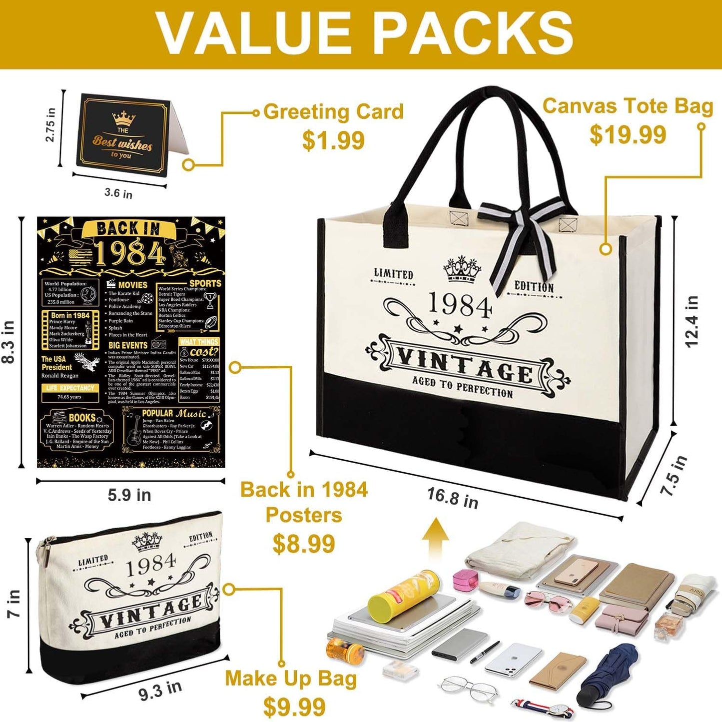 YeohJoy 41st Birthday Gifts for Her Canvas Tote Bag Travel Gear, Unique 41 Years Old Birthday Gifts for Girlfriend Sister Friends Women, Vintage 1984 Handbag & Cosmetic Bag & Back in 1984 Poster